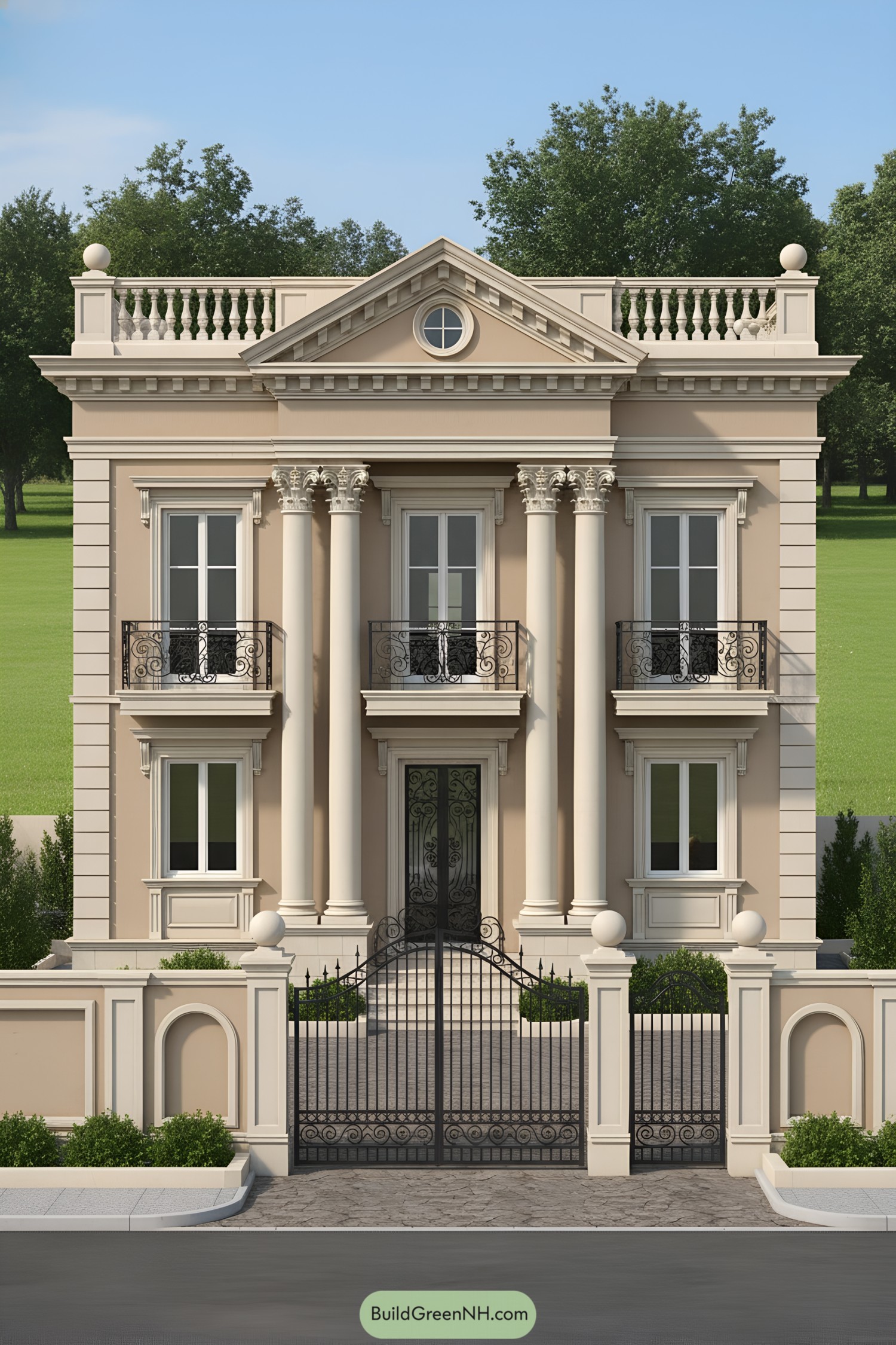 Classical townhouse with Corinthian columns and wrought-iron balconies