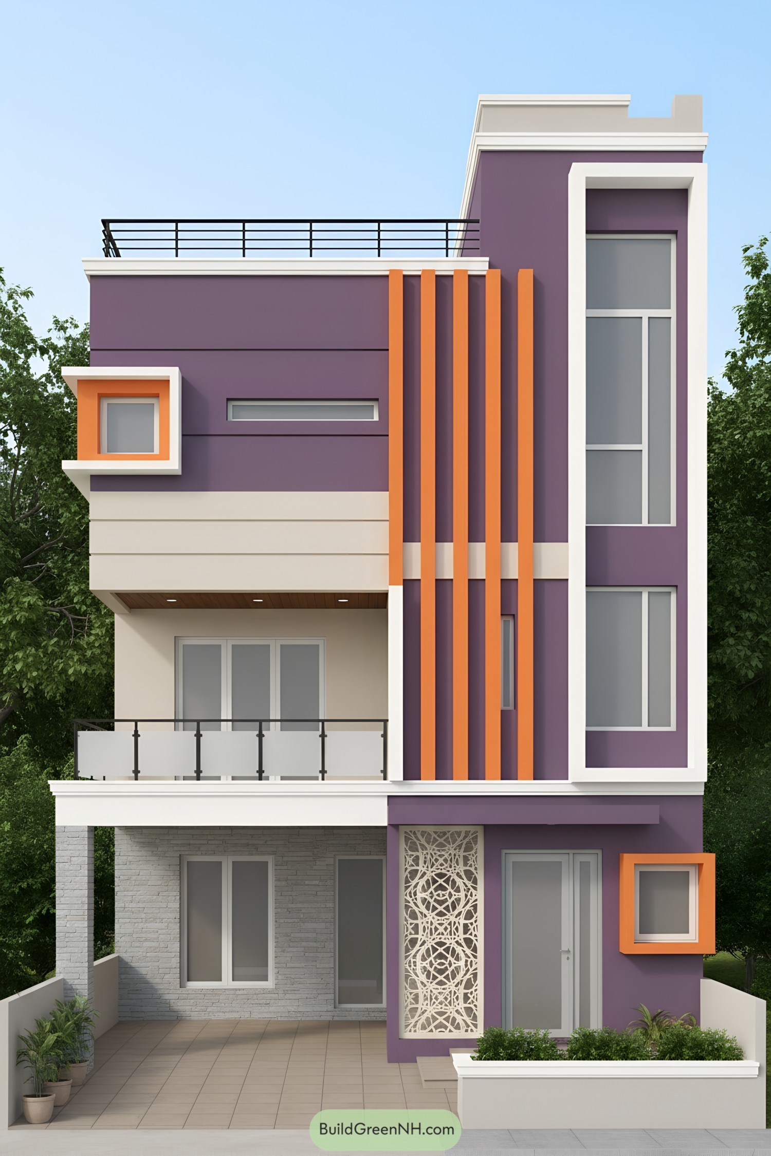 Two-story modern facade with purple walls, orange fins, and white trims