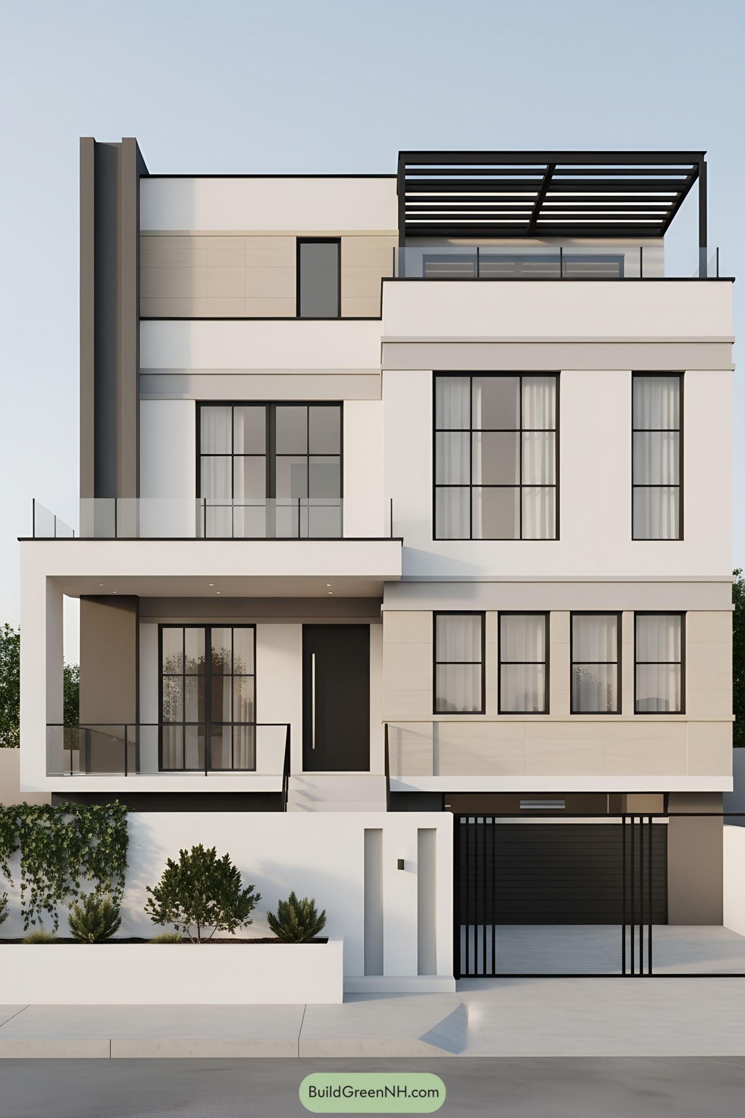 Modern white cubic house with black frames and pergola, beige accents, and glass railings