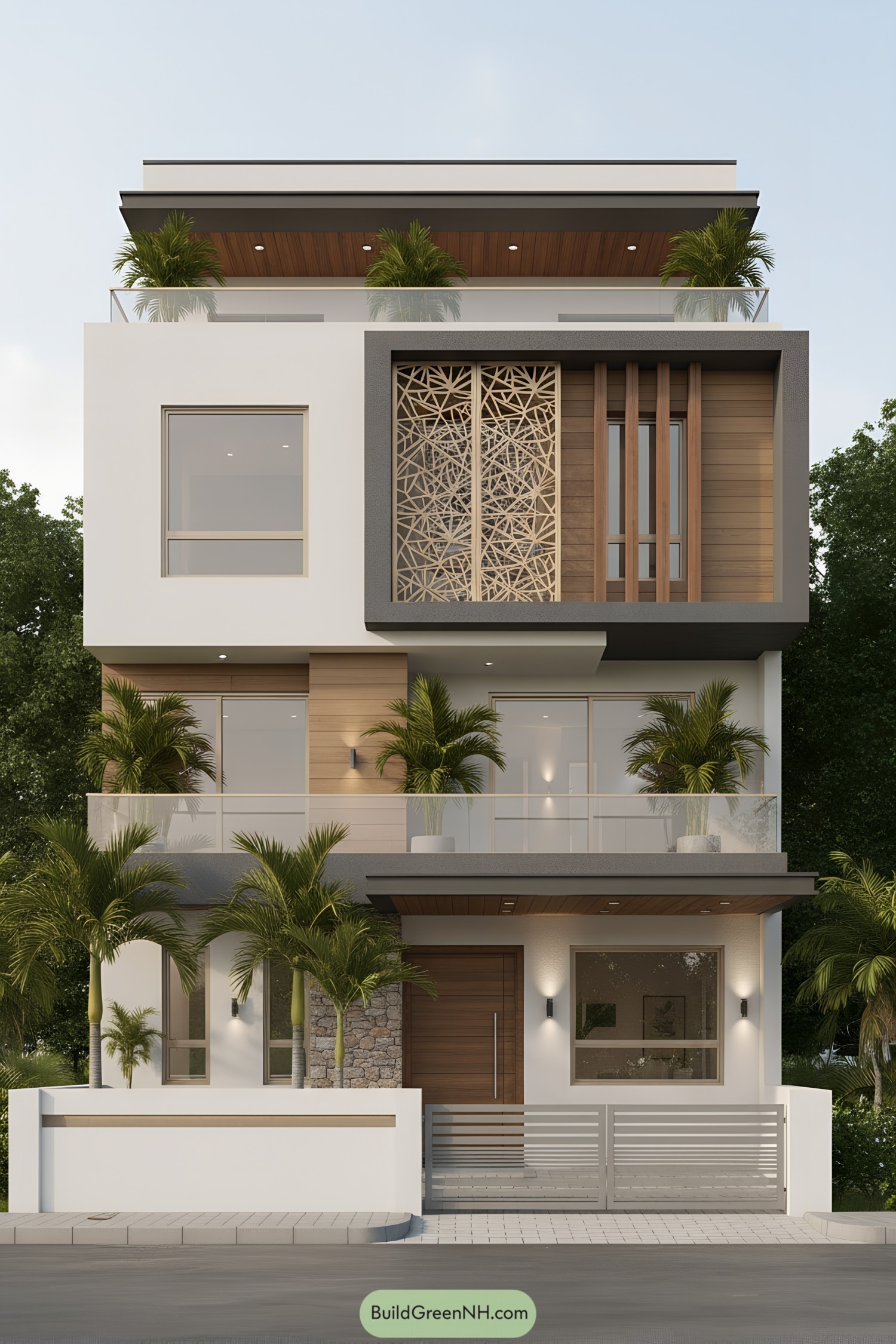 Modern three-story house with white, wood, and charcoal tones, featuring a decorative lattice screen and glass-railed balconies