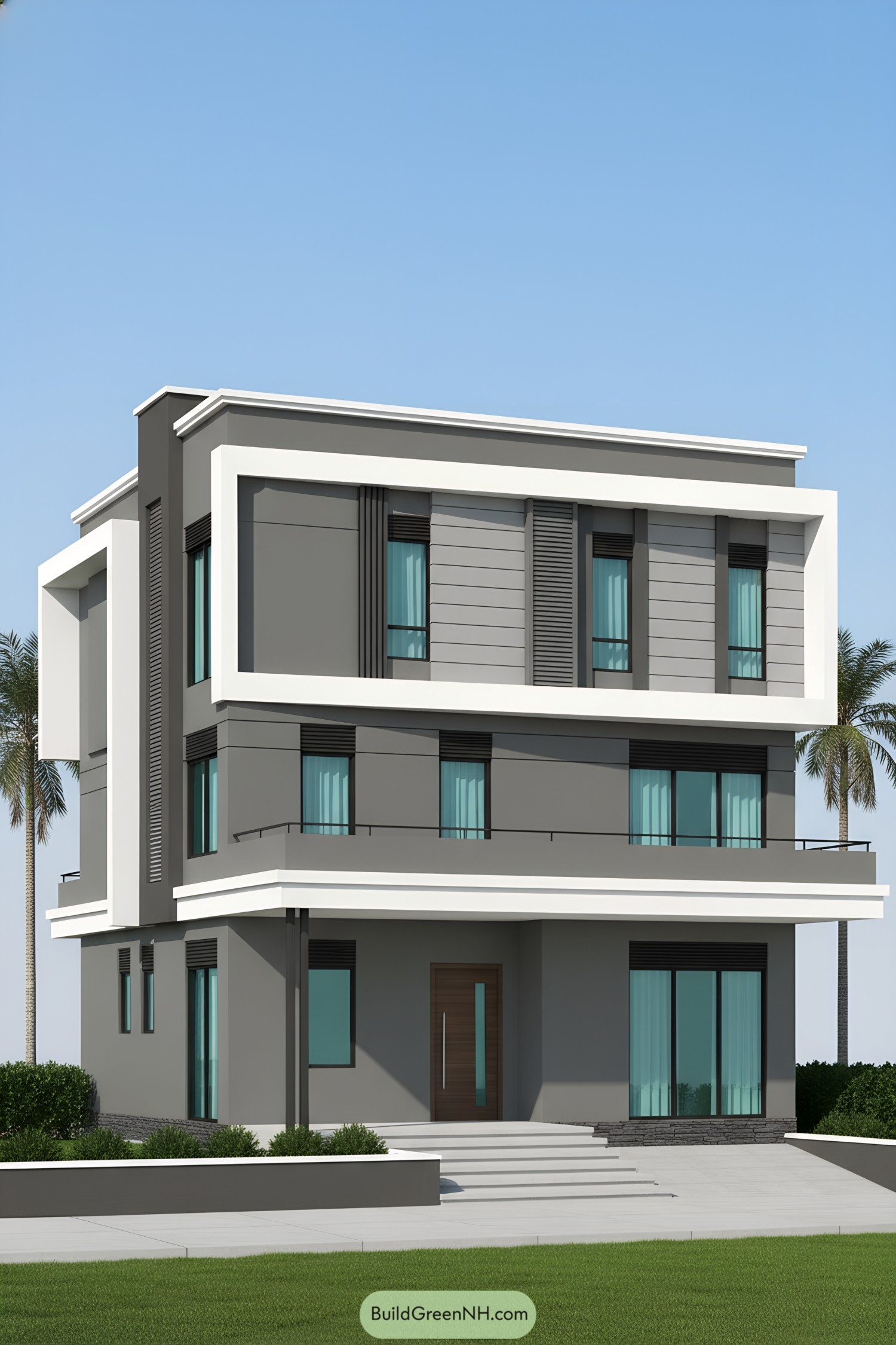 Modern gray facade with white frames and teal windows