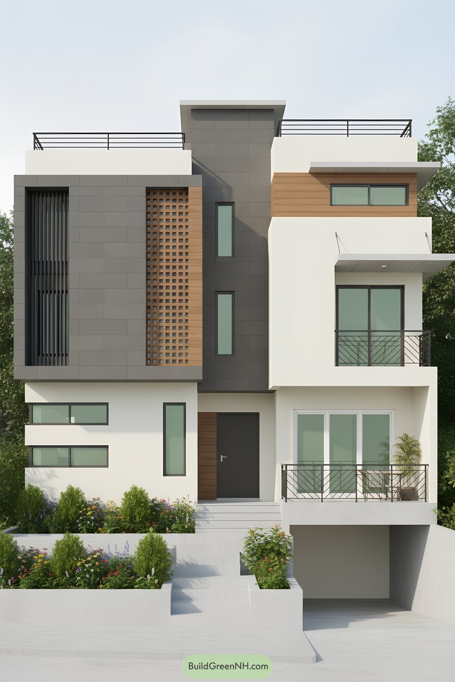 Modern cubic house with charcoal panels, white stucco, and warm wood accents