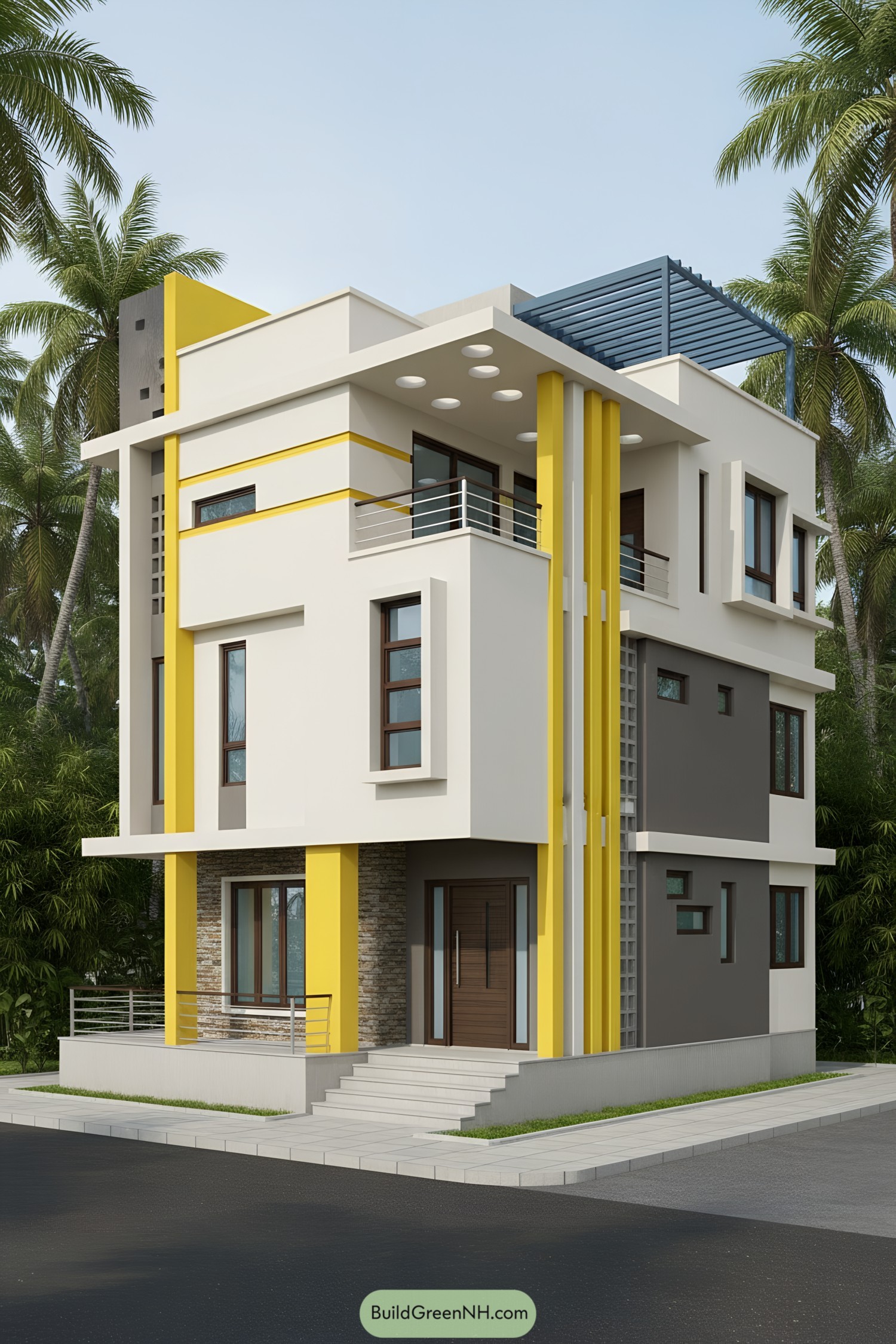Modern three-story house with white cream walls, yellow vertical accents, dark gray panels, and a rooftop pergola