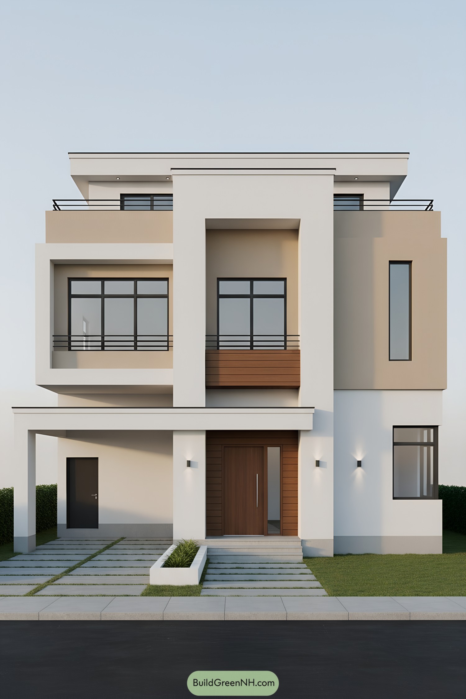Modern three-story house with cream and beige blocks, black-framed windows, and wood accents
