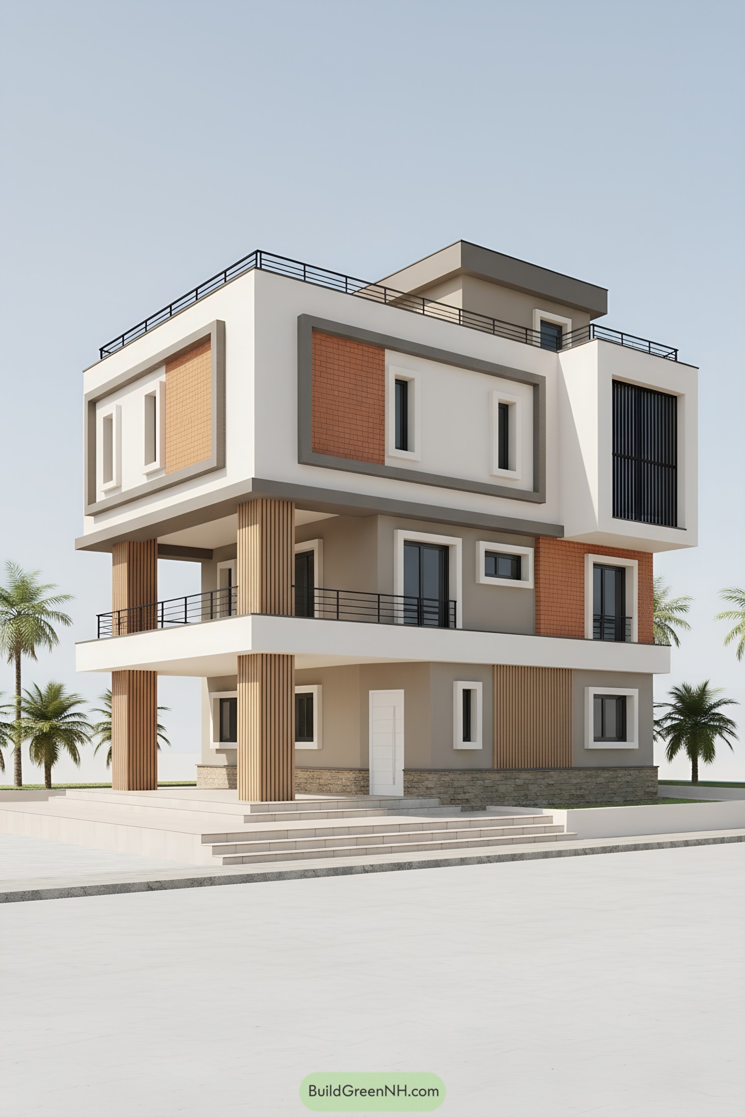 Modern cubic home with terracotta panels and cream facade