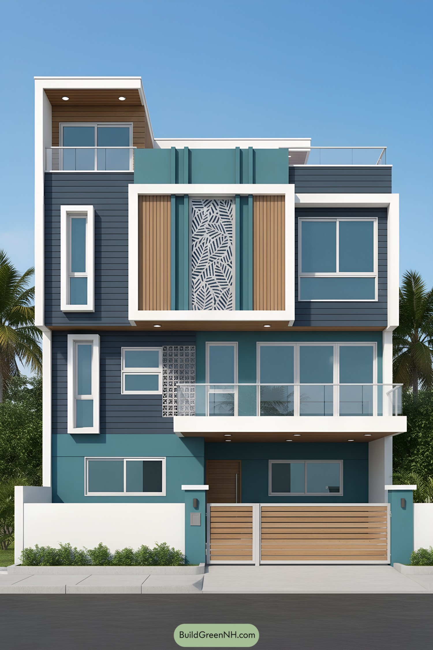 Modern three-story house with teal and slate panels, white frames, and wood accents