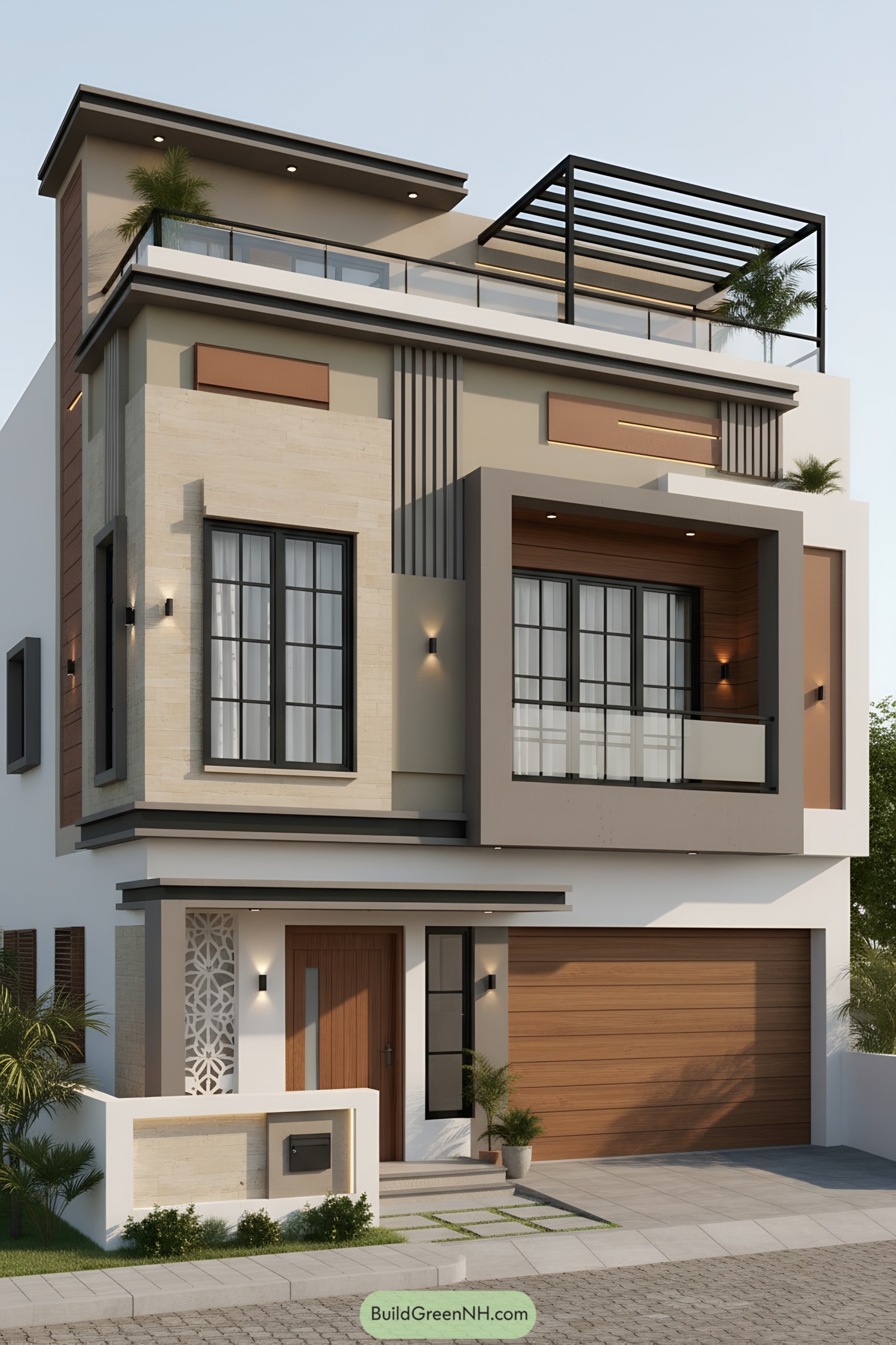 Modern three-story house with taupe, beige, and cedar tones, boxed balcony, and rooftop pergola