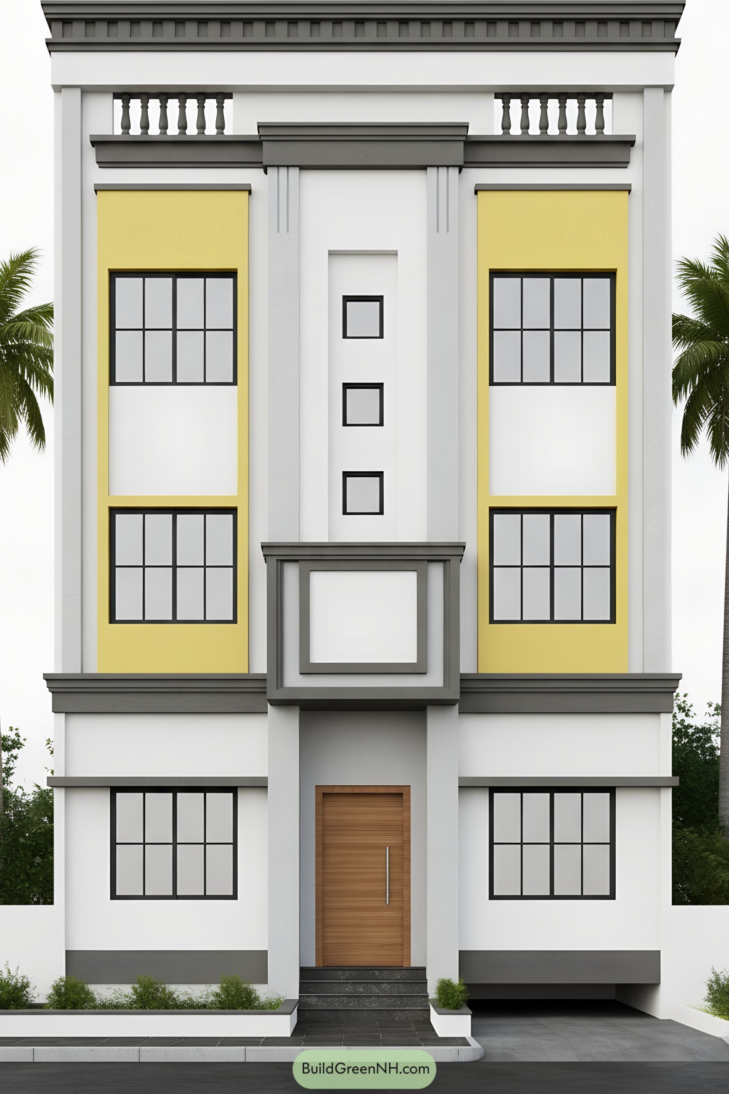 Front facade with yellow panels gray trim and central portico