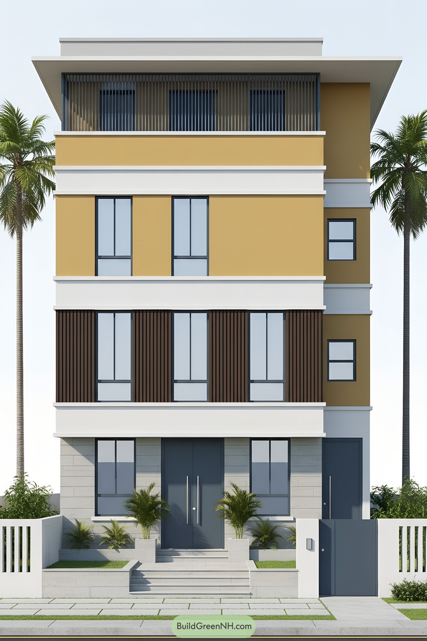 Four-story modern house with mustard, white, and gray bands, vertical slats, and tall windows