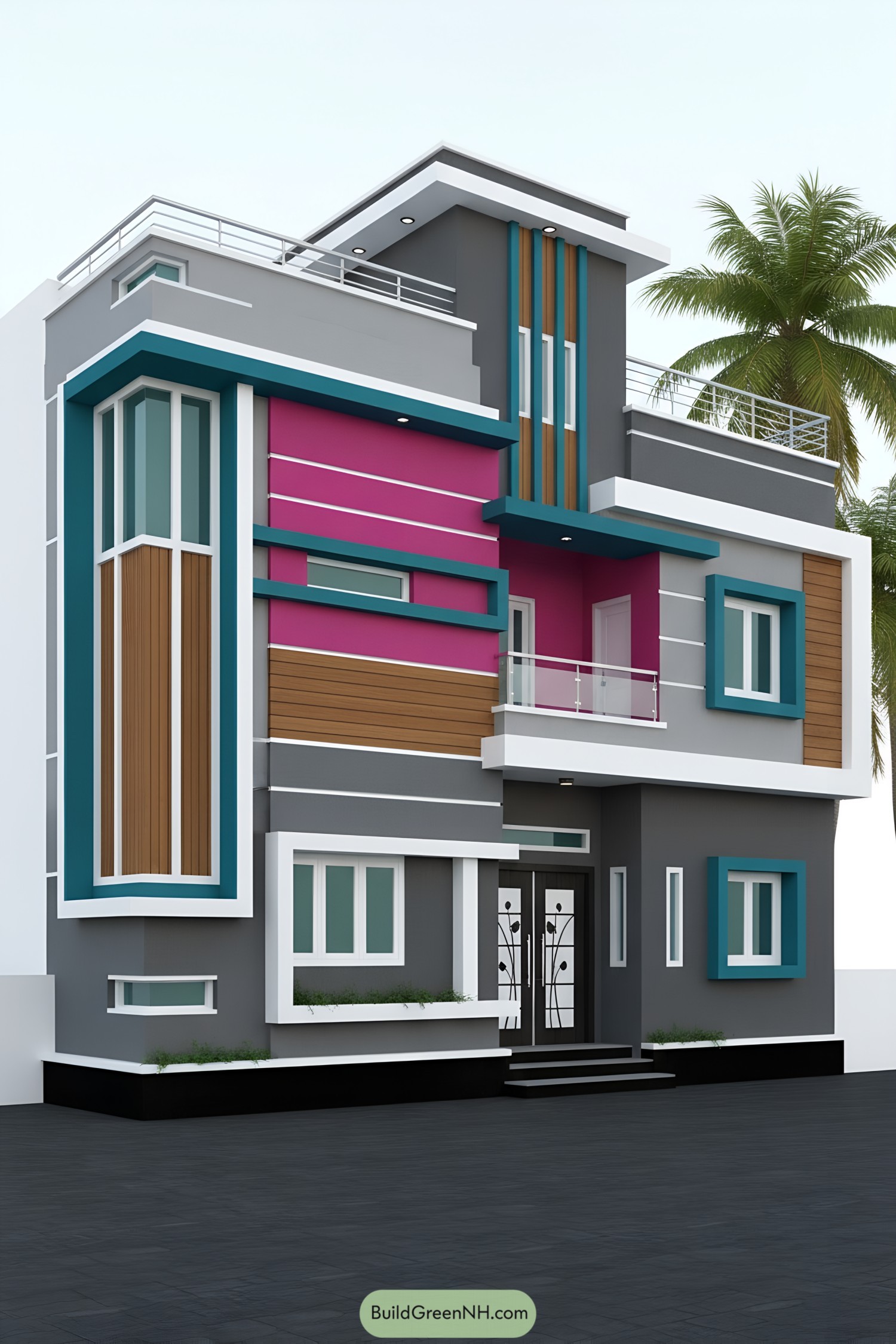 Modern house facade with magenta teal grey and wood accents