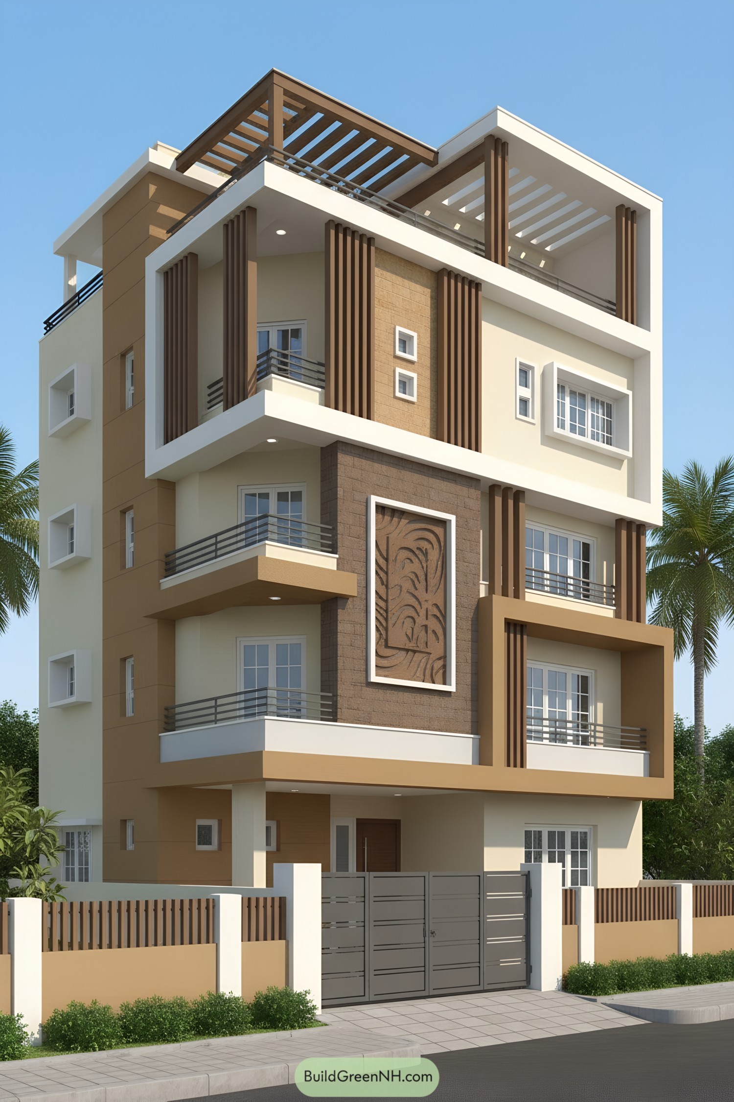 Modern multi-story home with sienna and cream tones, boxed balconies, and slatted pergola roof elements
