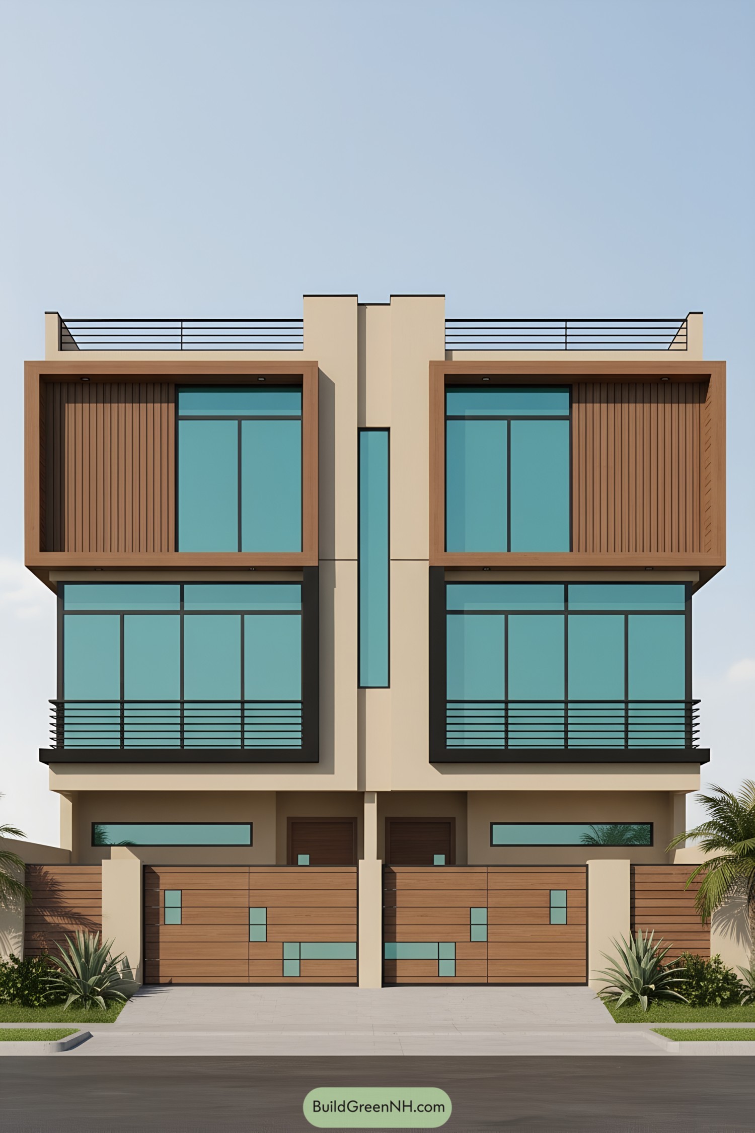 Modern townhouse facade with teal glass and wood frames