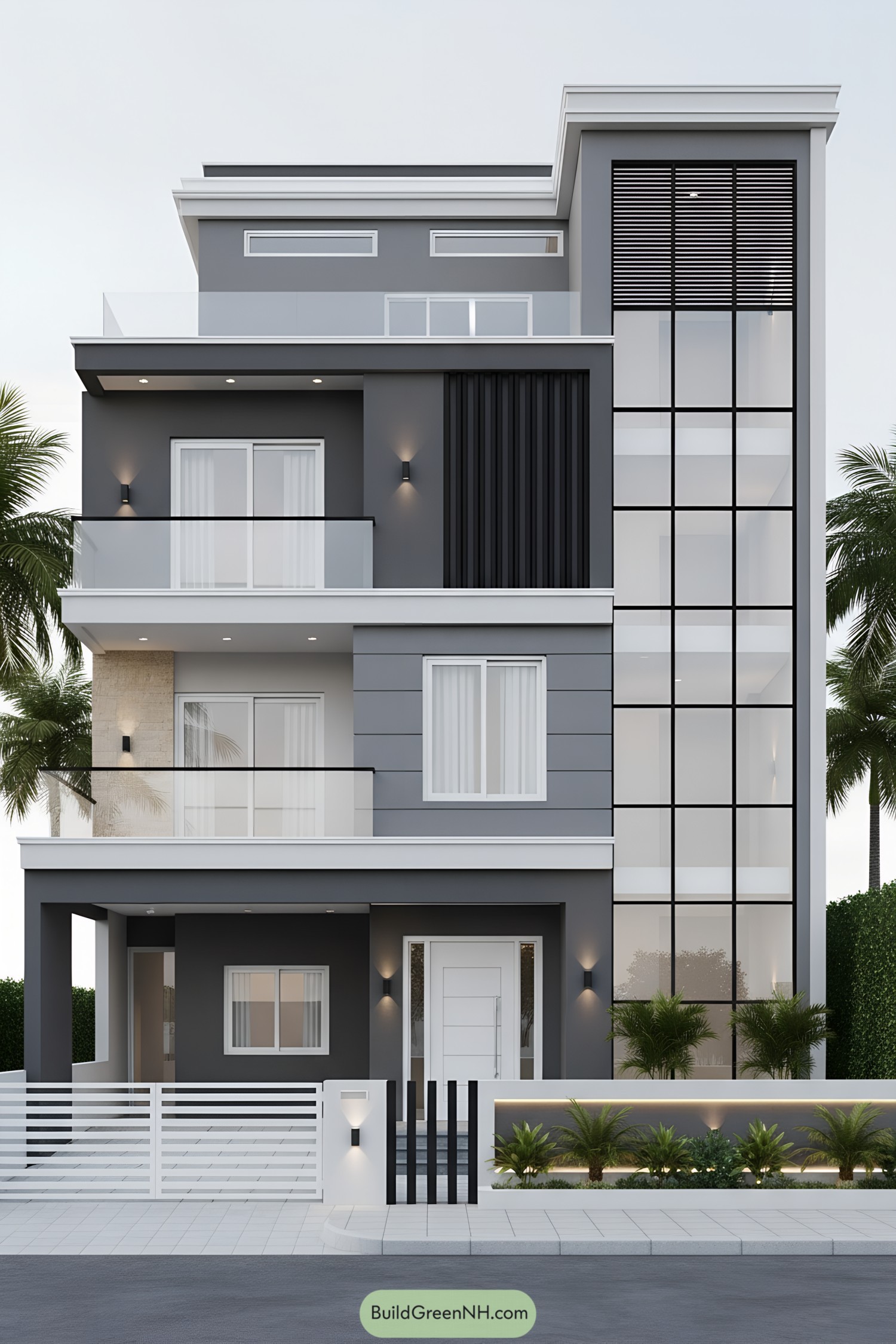 Modern gray facade with glass atrium and balconies