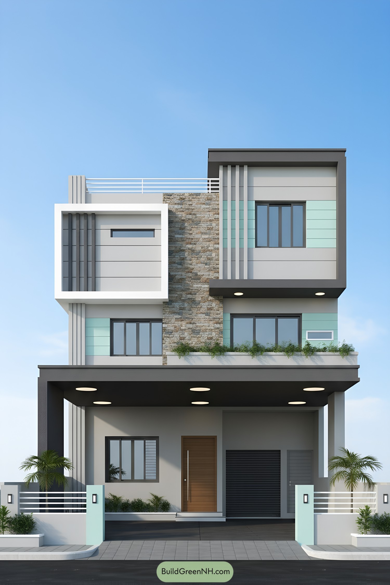 Modern three-story facade with mint panels and stone cladding