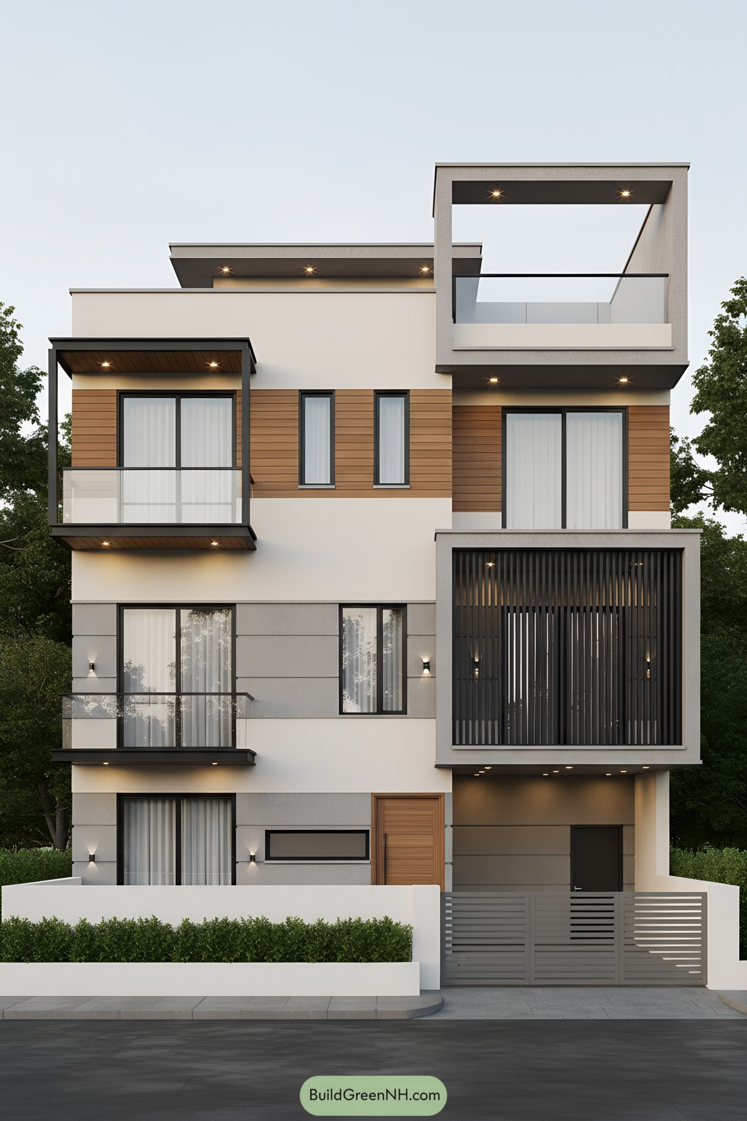 Modern three-story facade with wood and charcoal accents