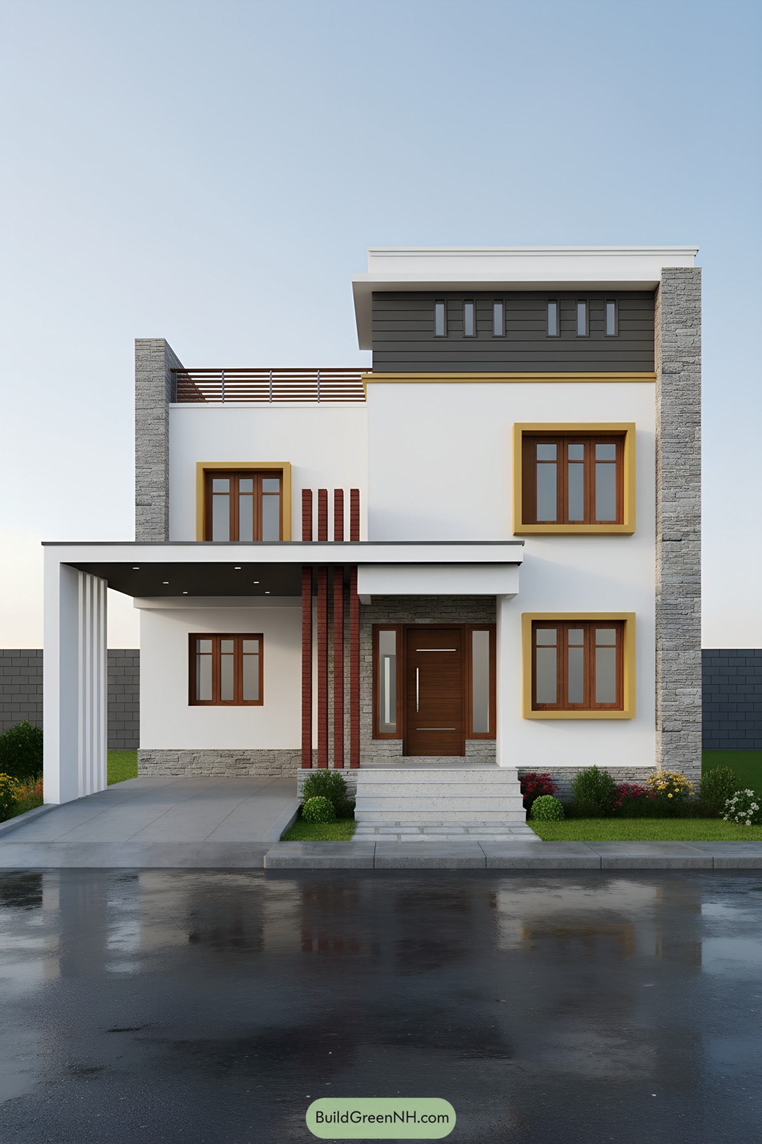 Modern two-story house with white walls, amber window frames, stone accents, and a carport