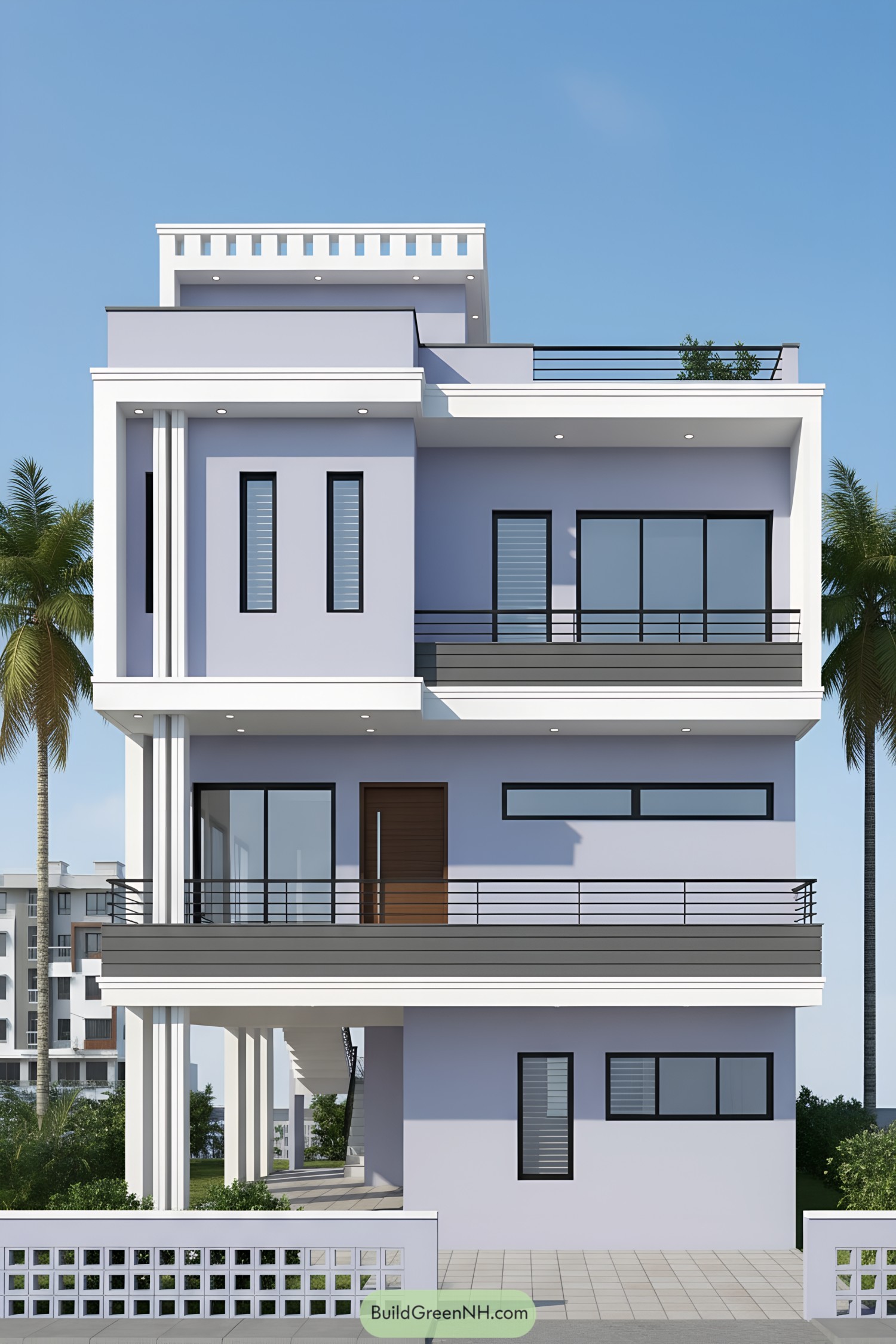 Two-story lavender facade with white bands and black railings