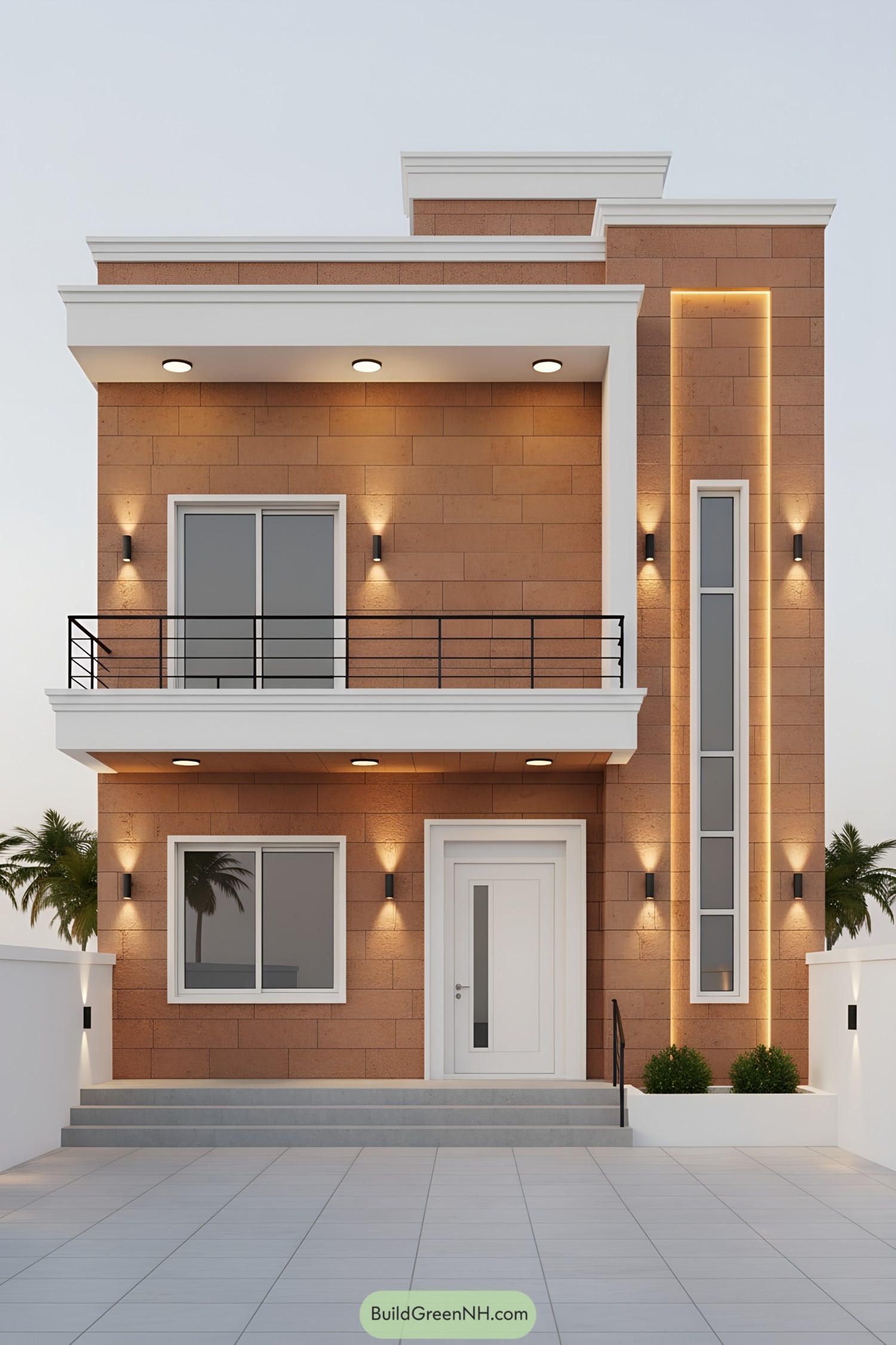 Modern two-story house with warm brick facade and slim vertical window