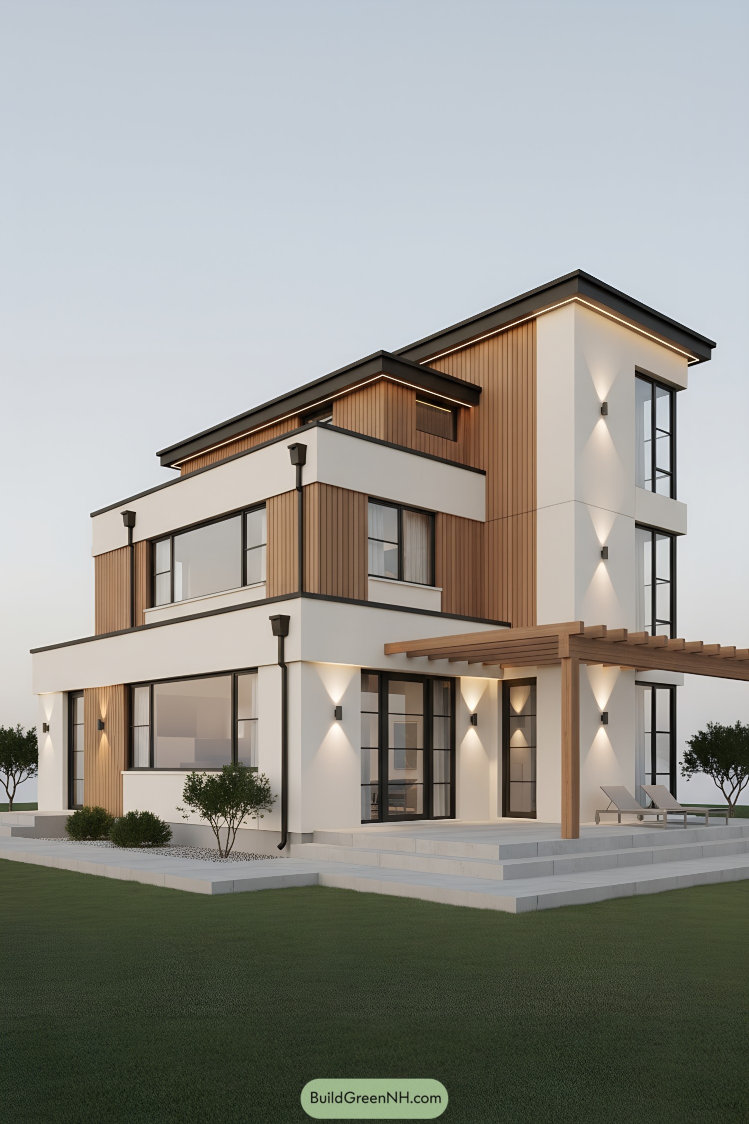 Modern three-level home with vertical wood cladding, crisp white stucco, and warm integrated lighting at dusk