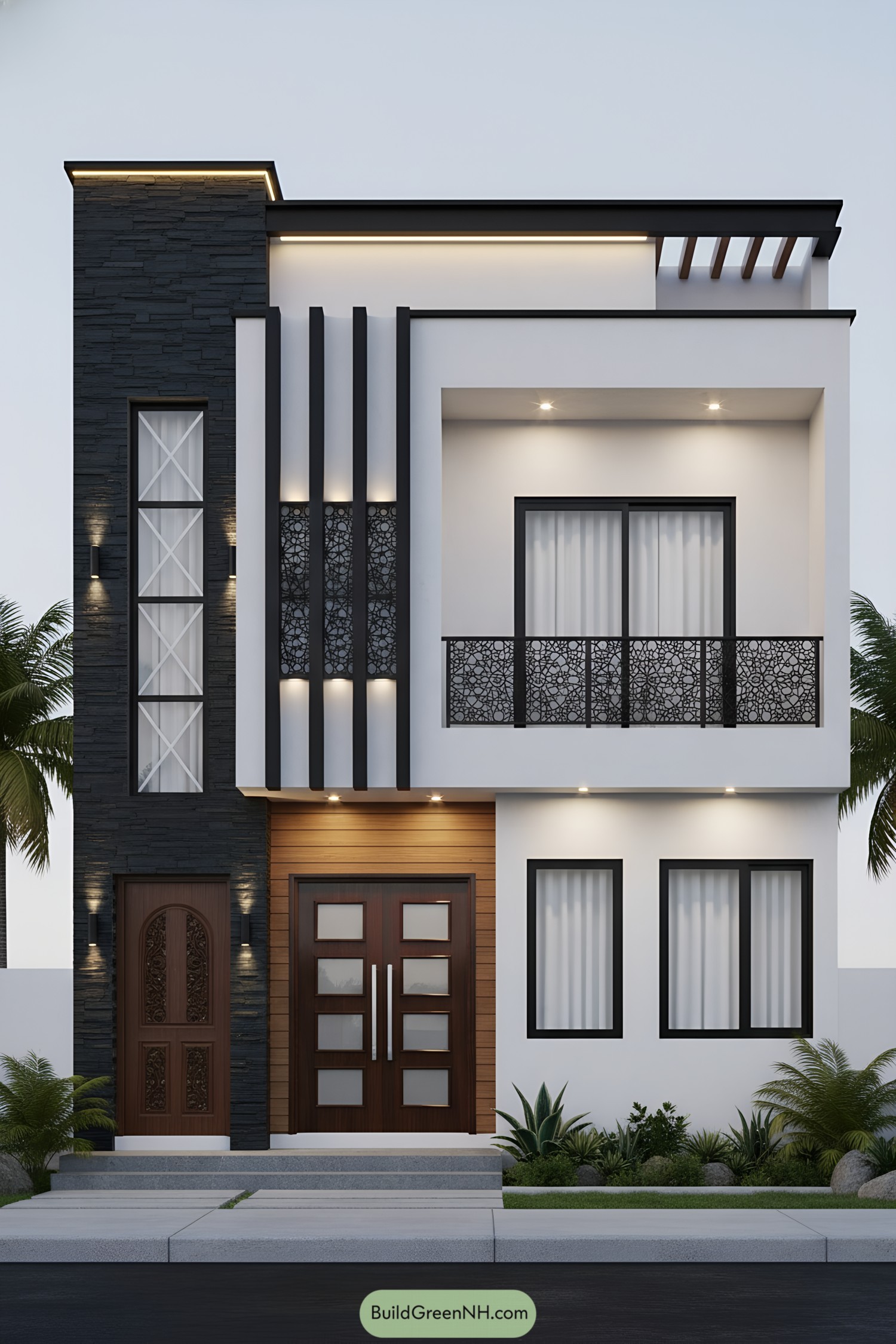 Modern two-story facade with black and white geometry, carved wood doors, and patterned metal railing