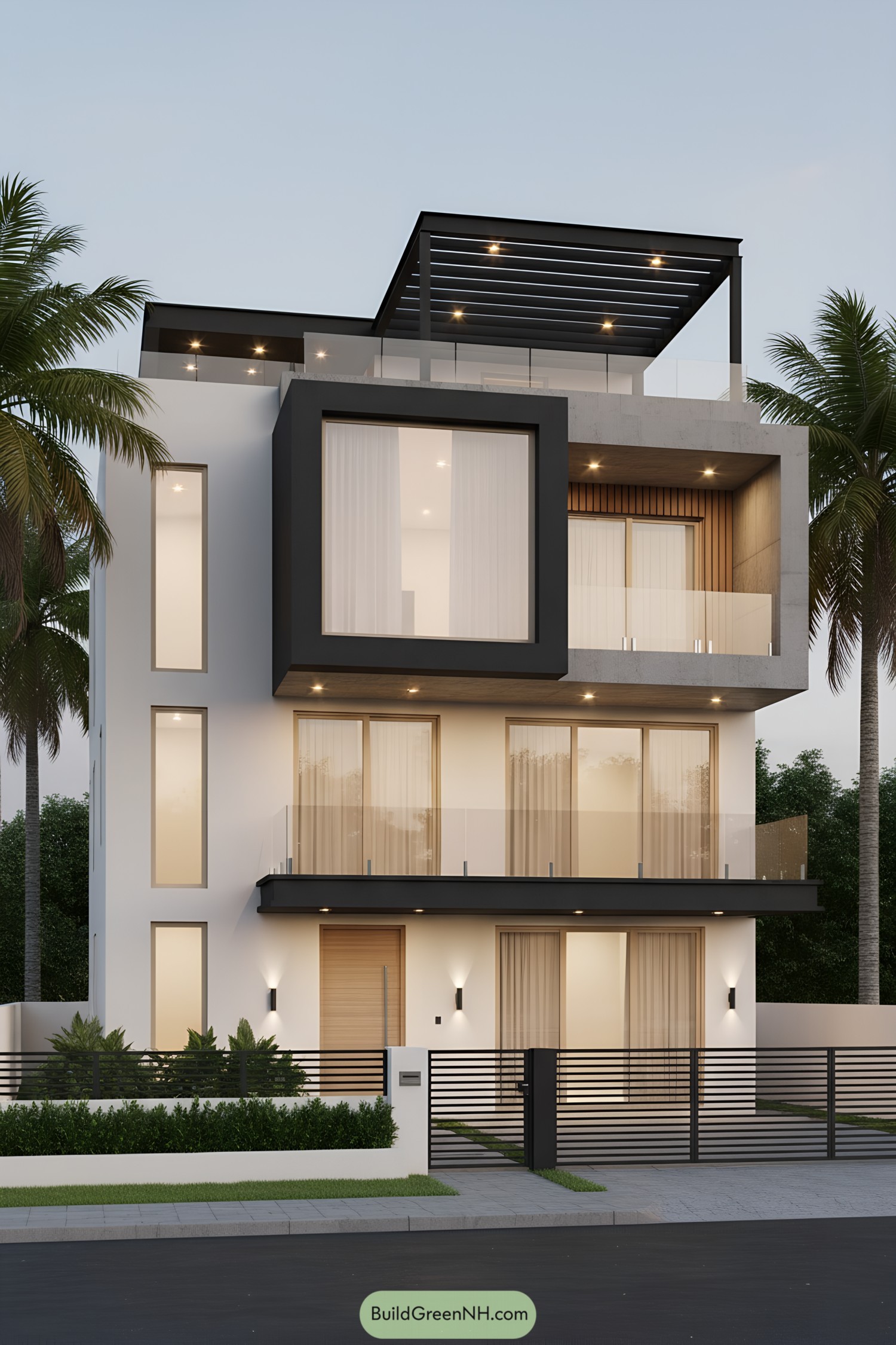 Modern three-story house with black-framed cube, glass balconies, and rooftop pergola