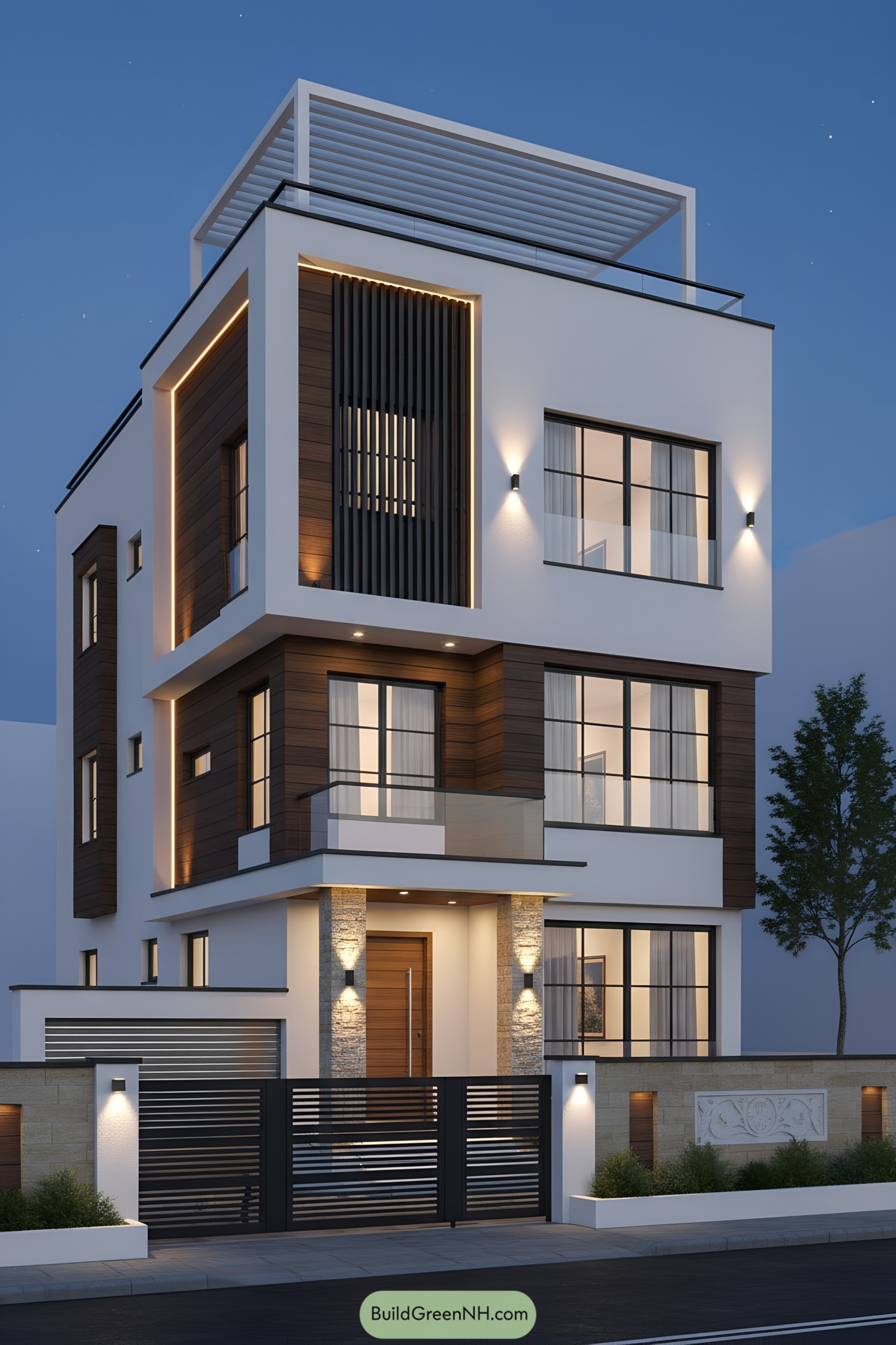 Modern three-story home with wood and white facade at dusk