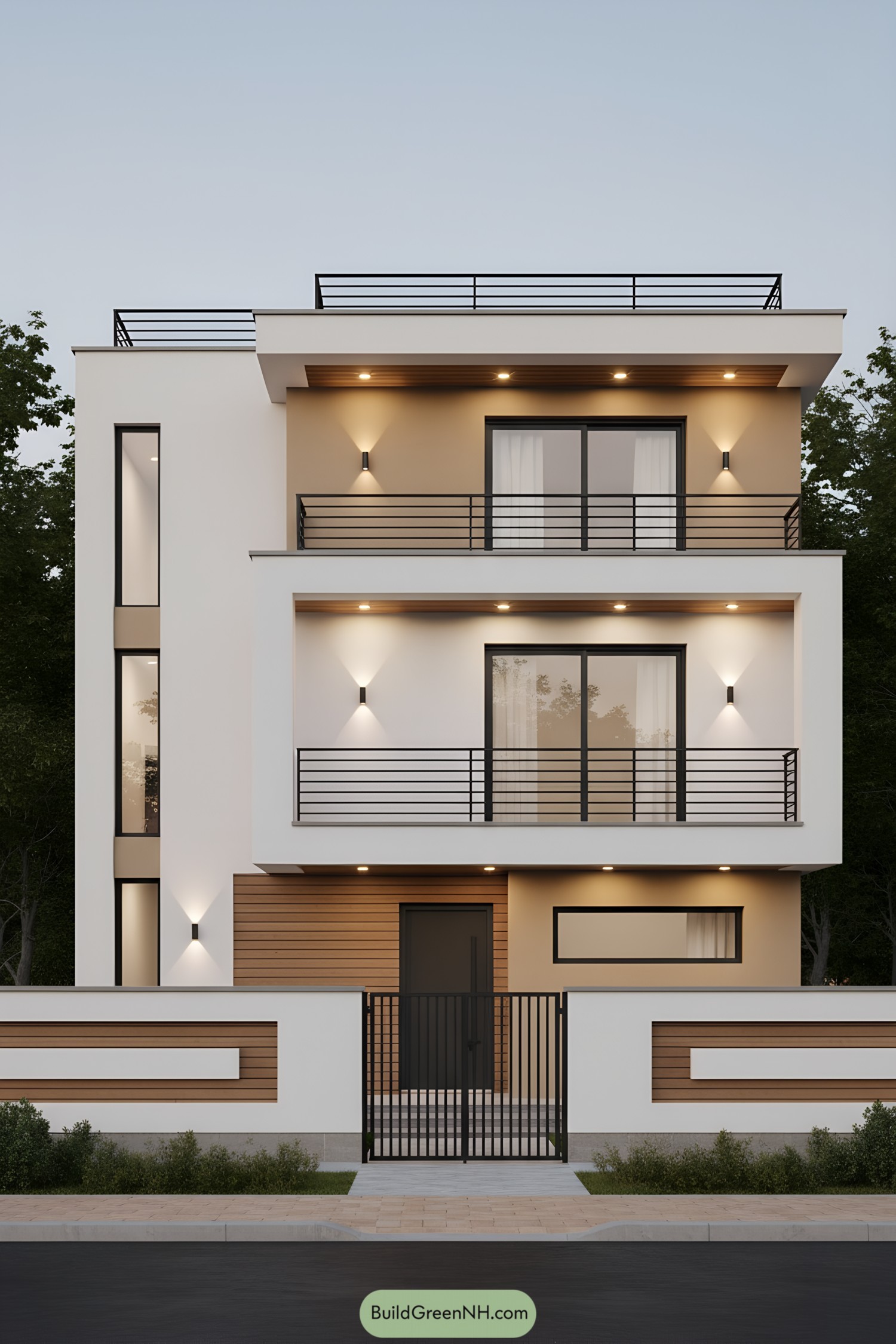 Modern three-story house with layered terraces