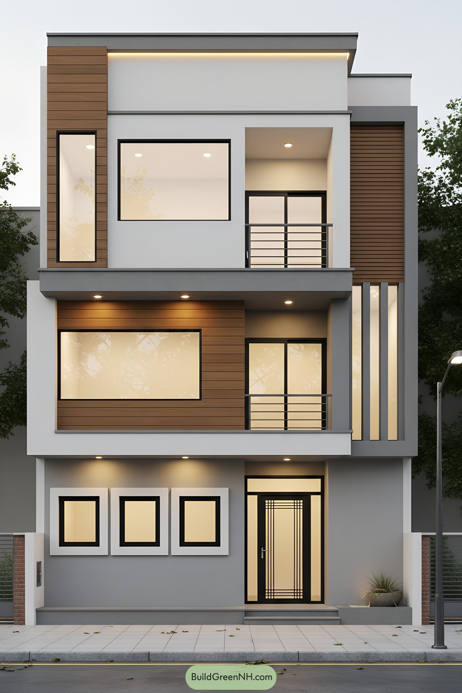Modern three-story facade with warm wood and crisp white geometry