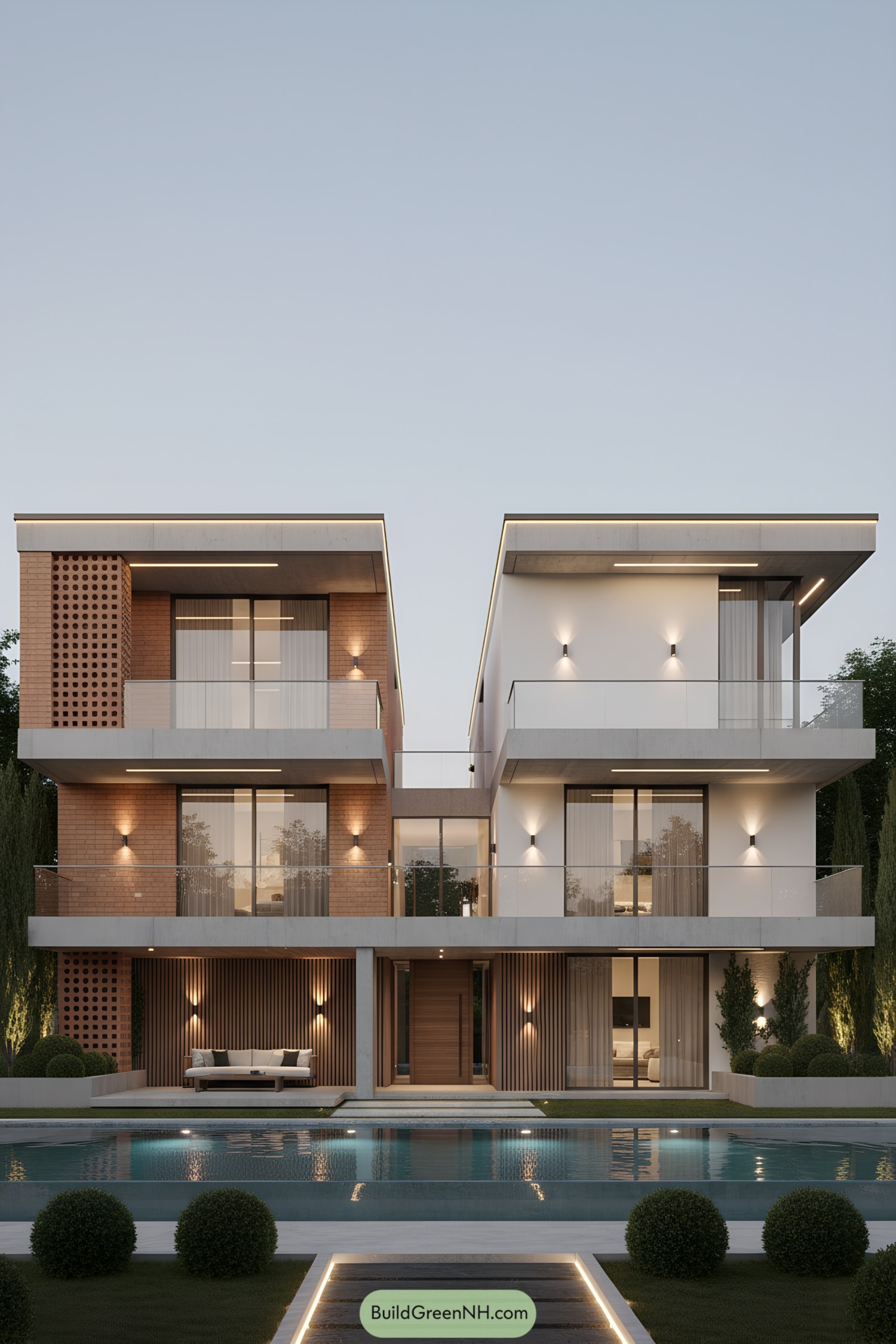 Modern villa facade with warm lighting