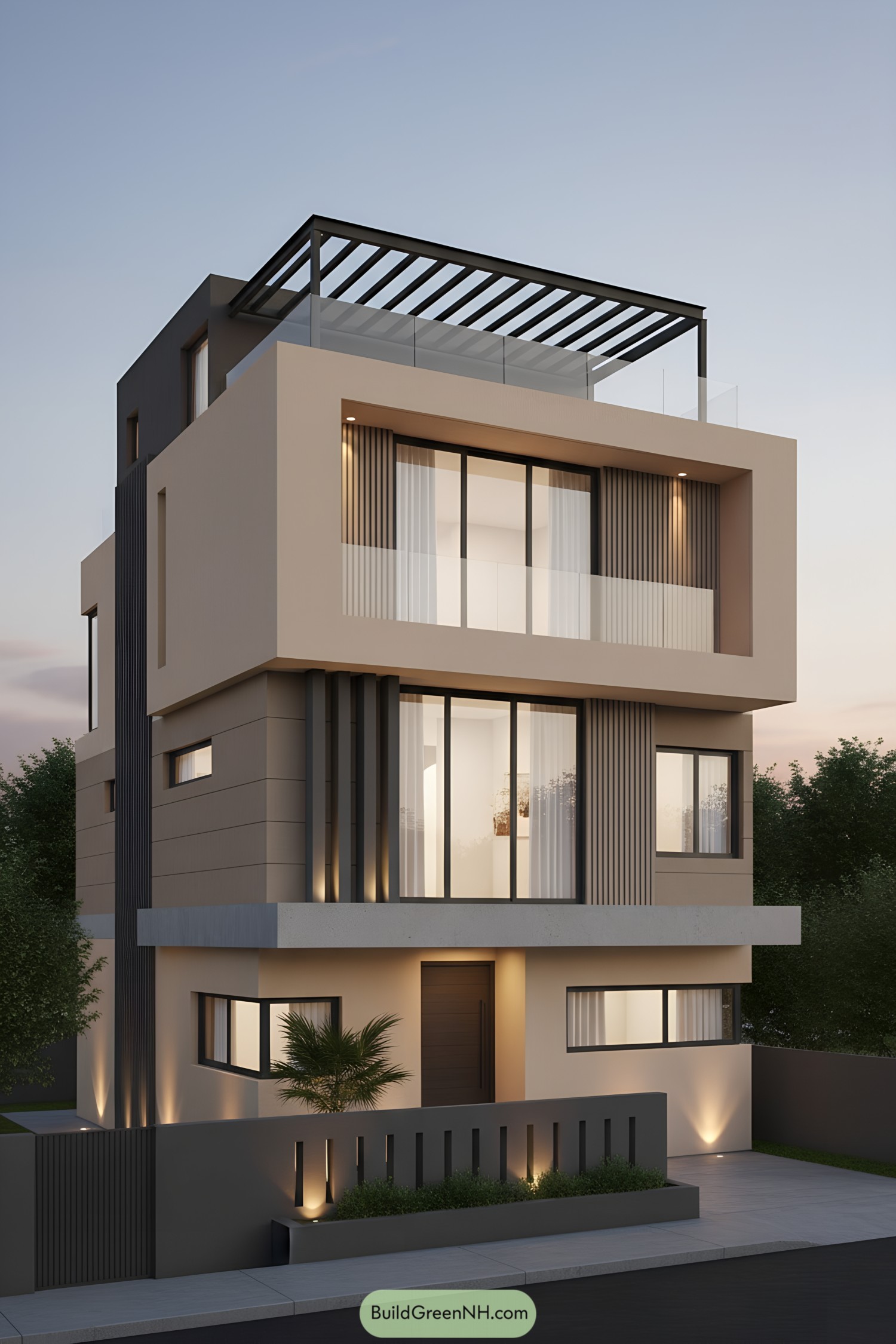 Modern townhouse with stacked beige volumes, vertical fins, and a rooftop pergola at dusk
