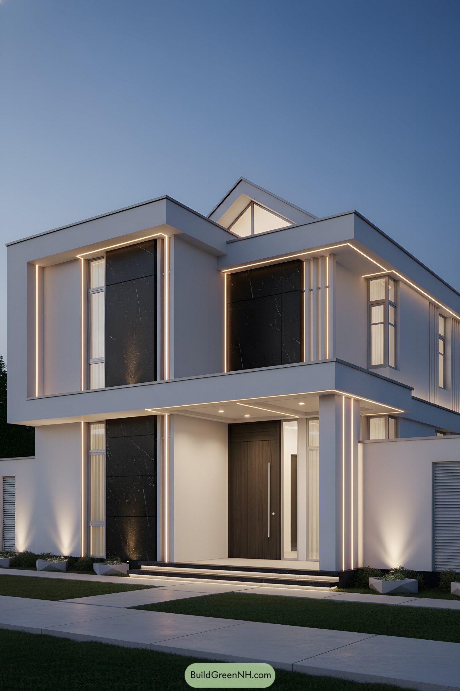 Modern two-story home with white volumes, black stone panels, and continuous warm LED strip lighting outlining edges