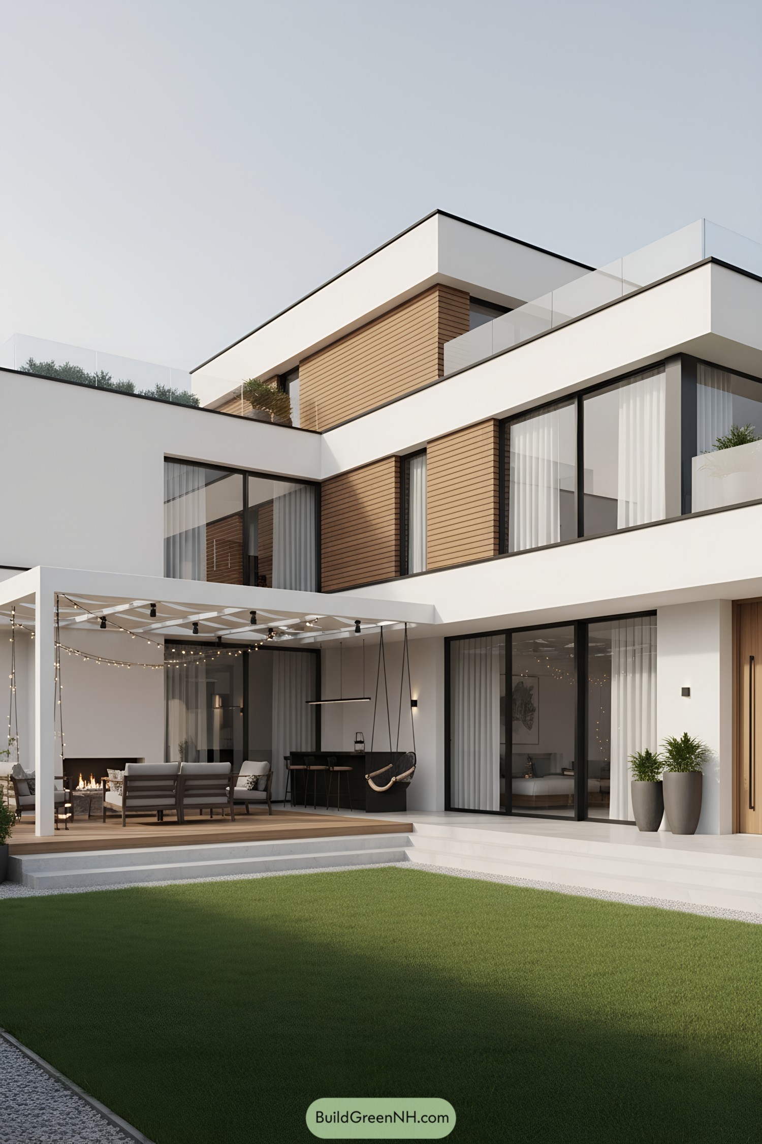 Modern multi-level house with wood accents and glass