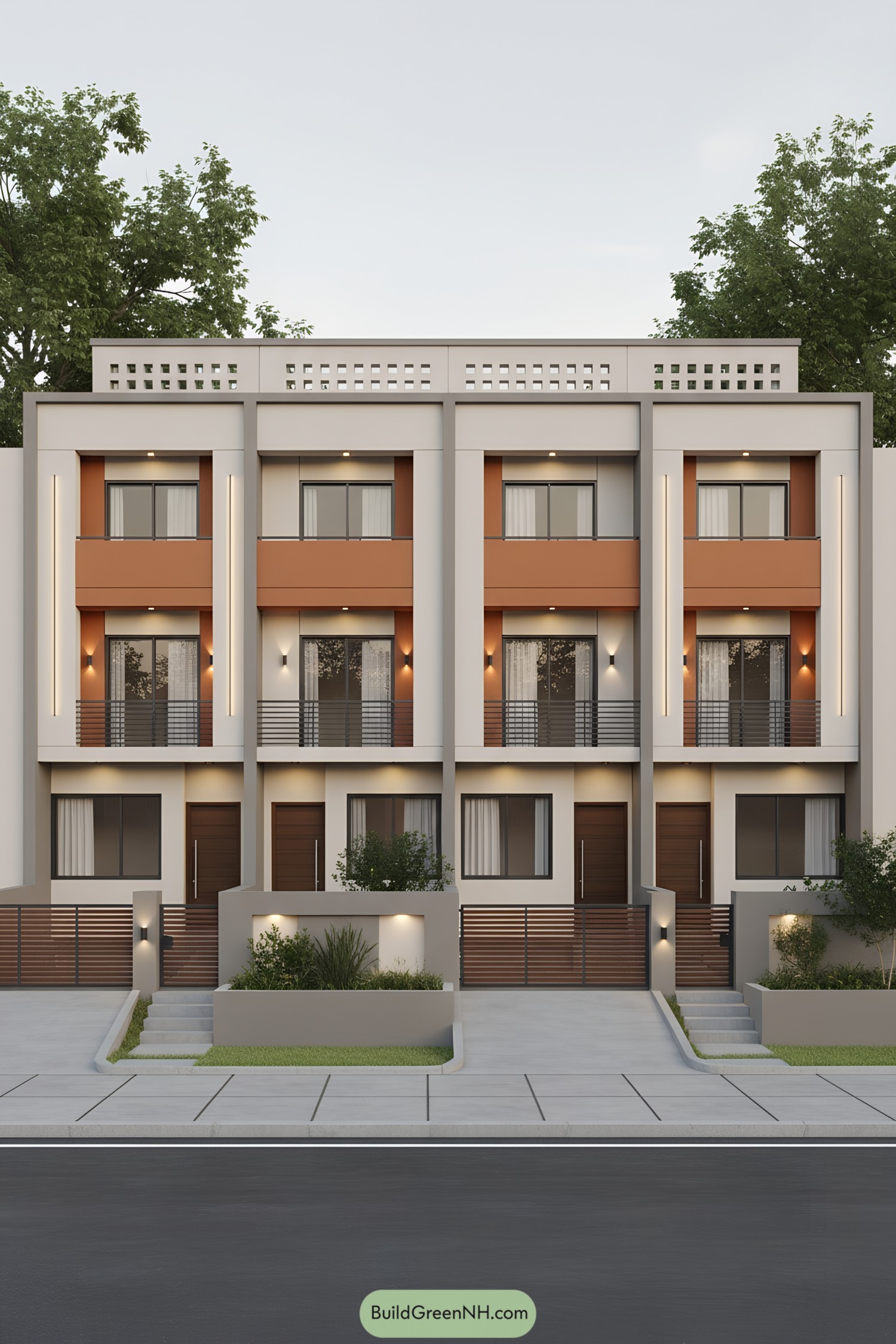 Modern rowhouse facade with warm bands and vertical lights