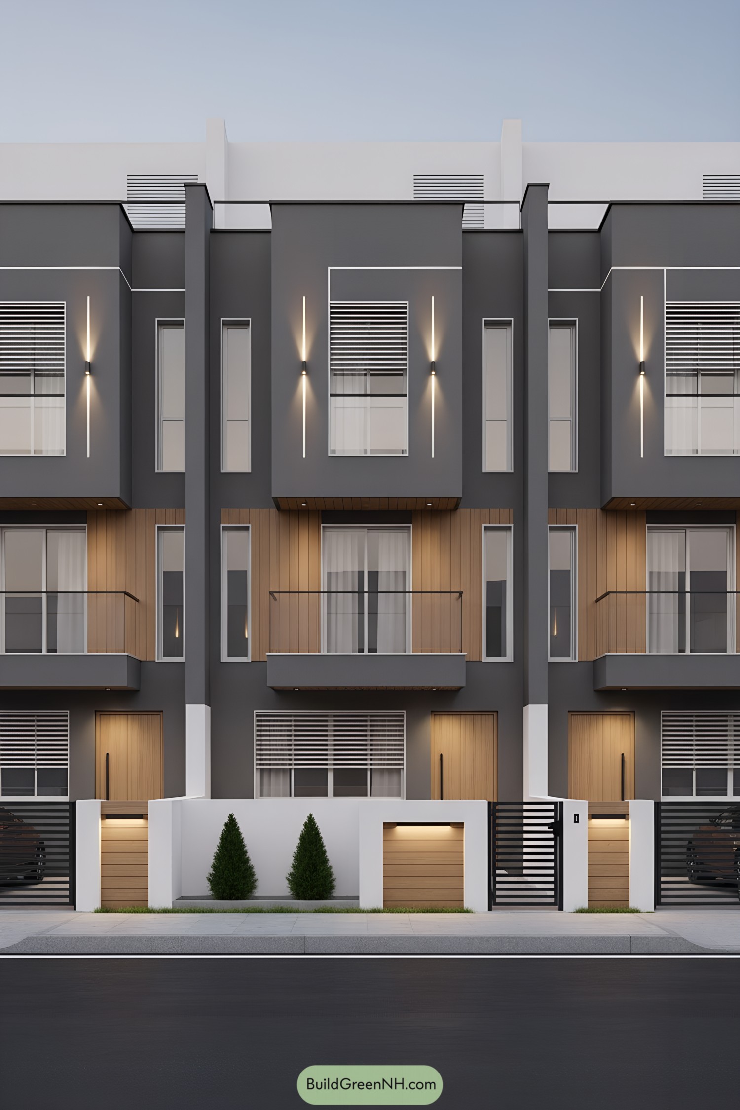 Modern townhouse facade with dark graphite cladding, warm wood panels, slim balconies, and vertical lights