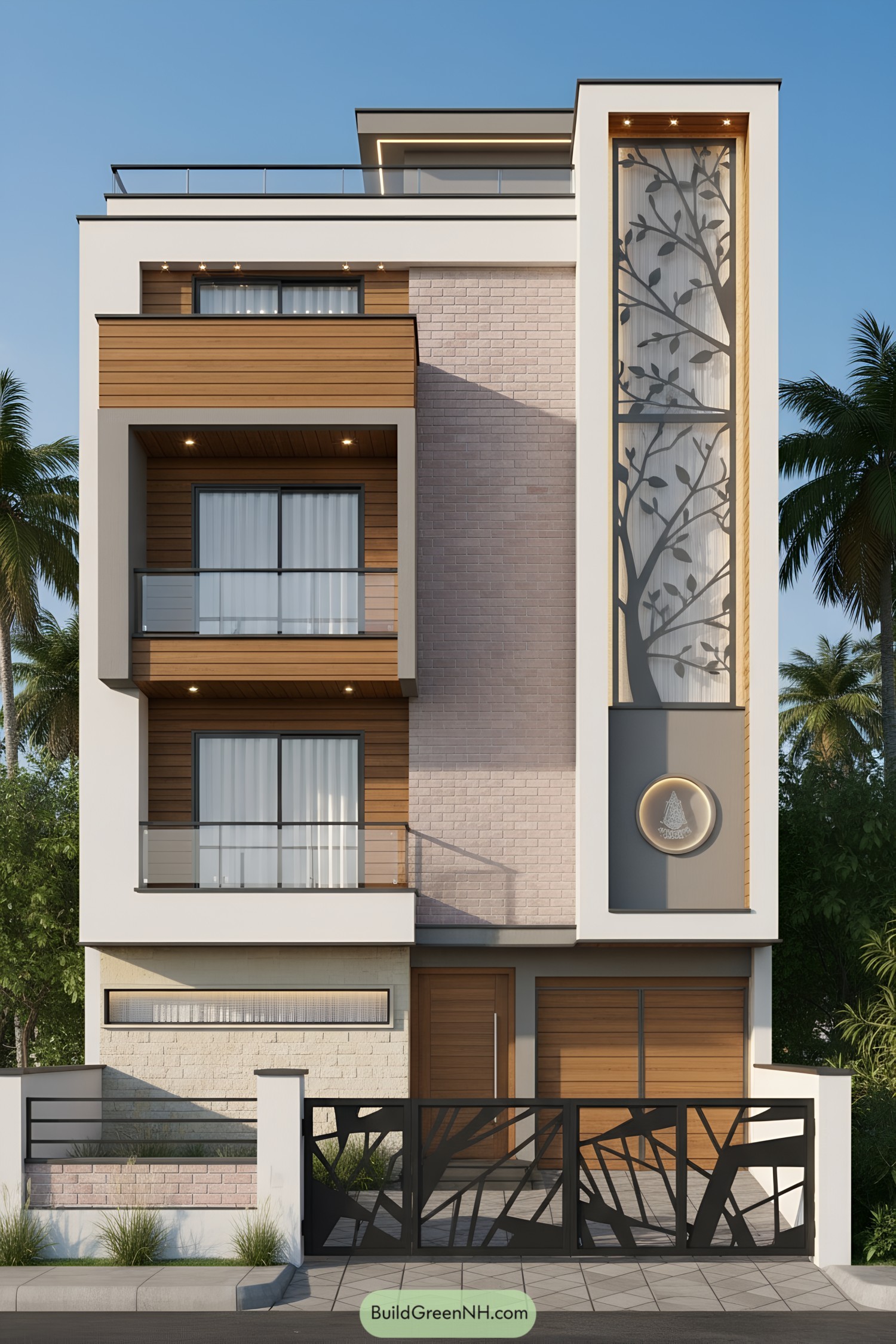 Modern townhouse facade with wood balconies, patterned metal screen, and soft uplighting