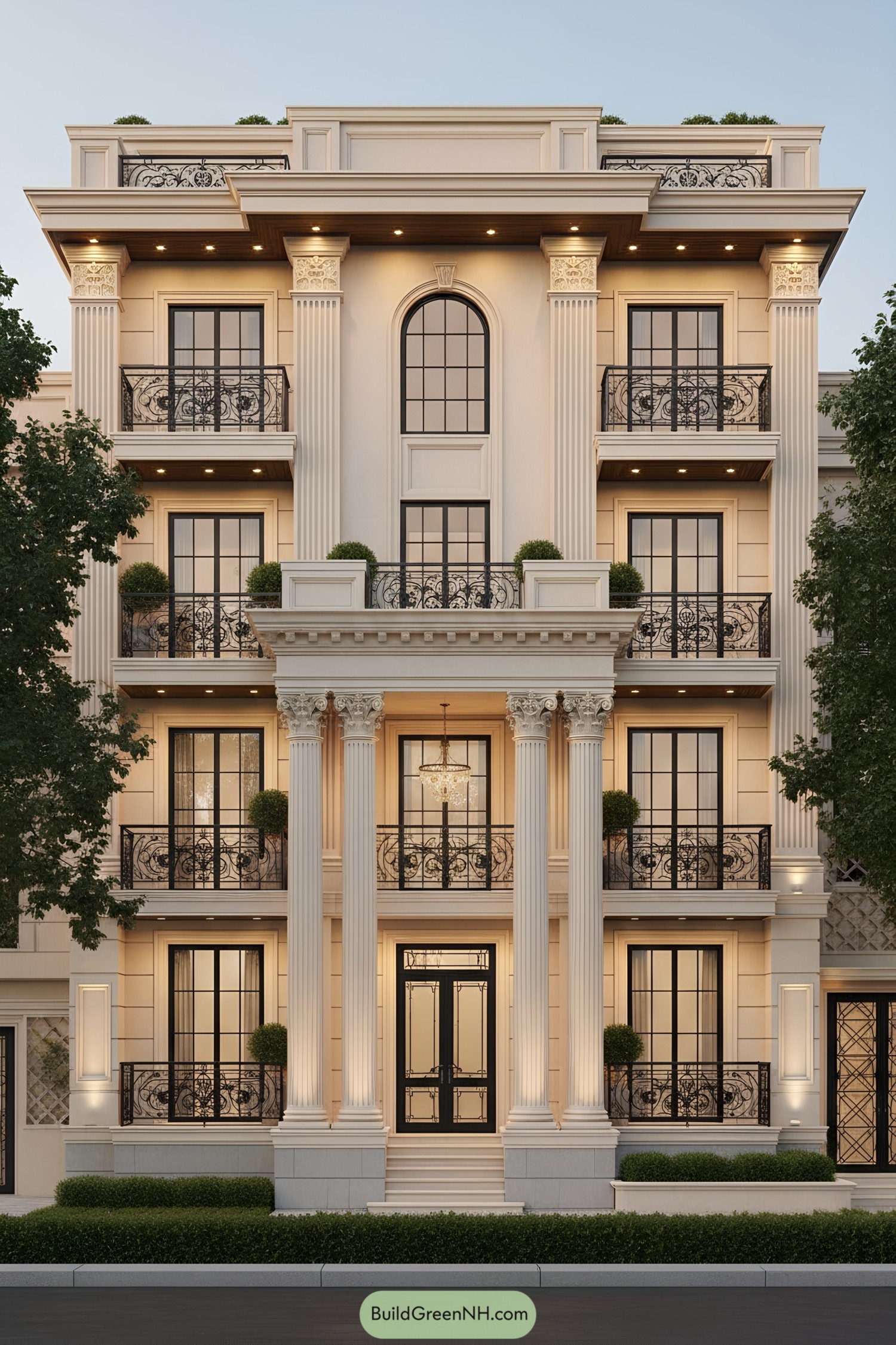 Neoclassical townhouse facade with columns and ornate iron balconies illuminated at dusk