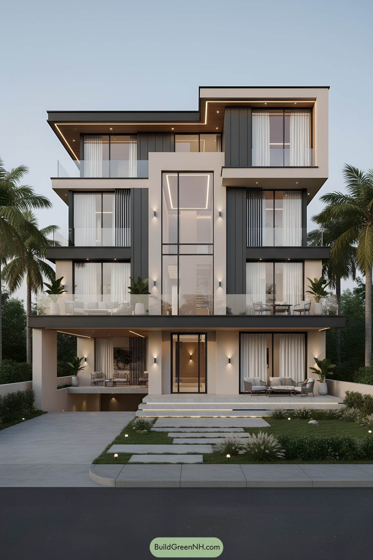 Modern multi-level bungalow with glass balconies and LED accents at dusk
