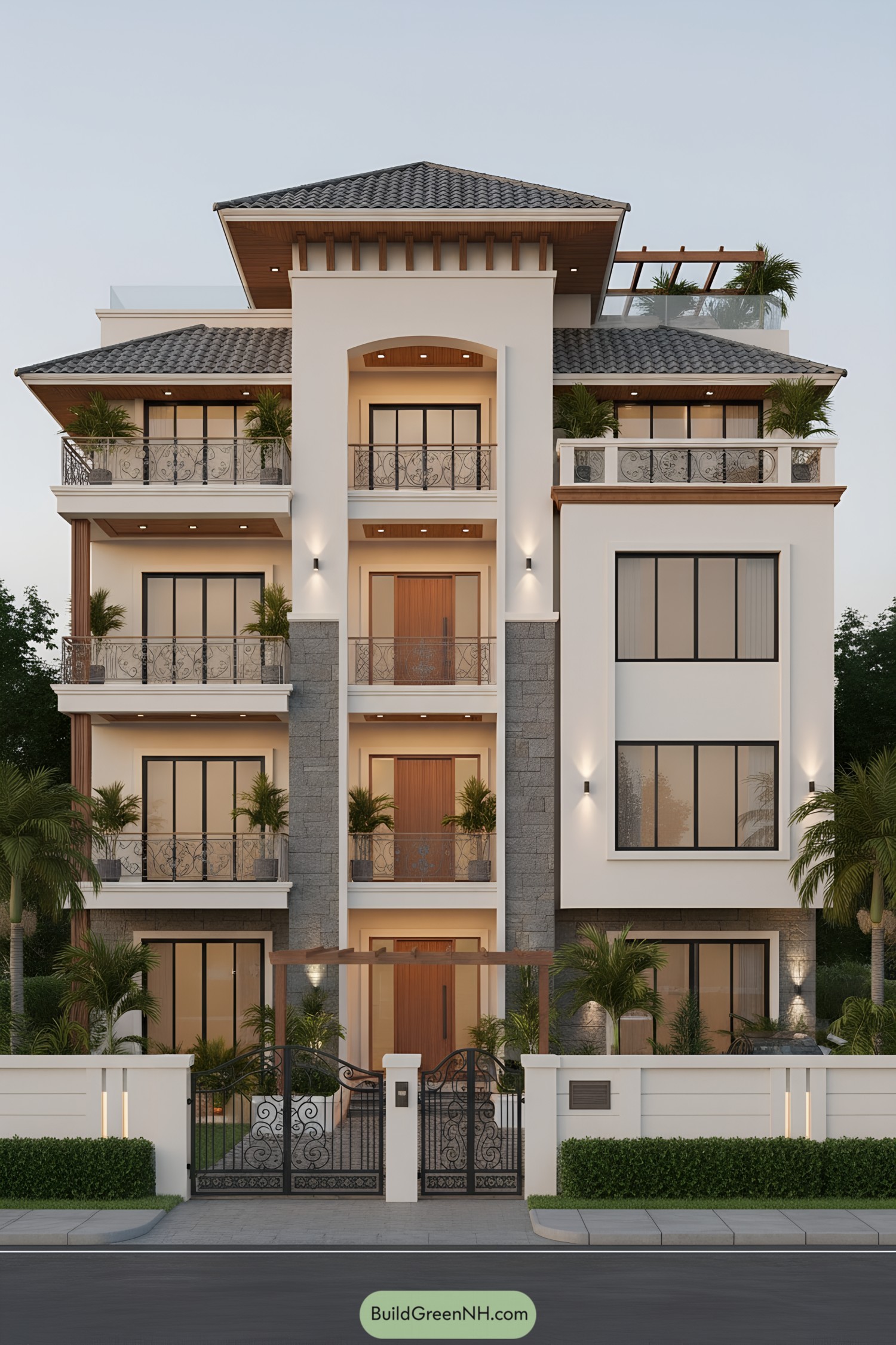 Modern multi-level bungalow with balconies and stone accents