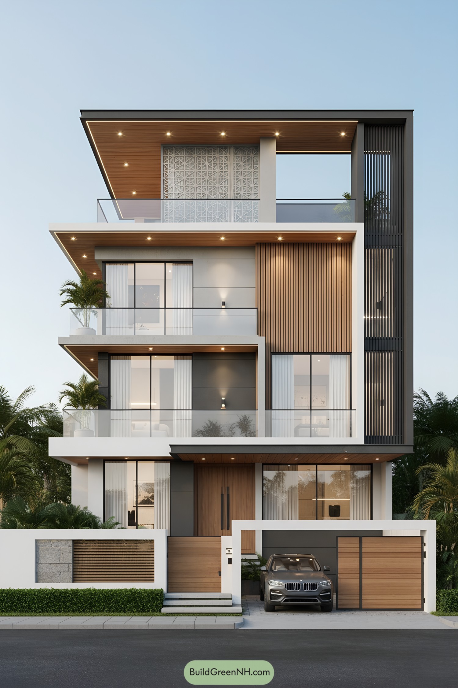 Modern multi-level bungalow with layered balconies and wood-accented facade at dusk