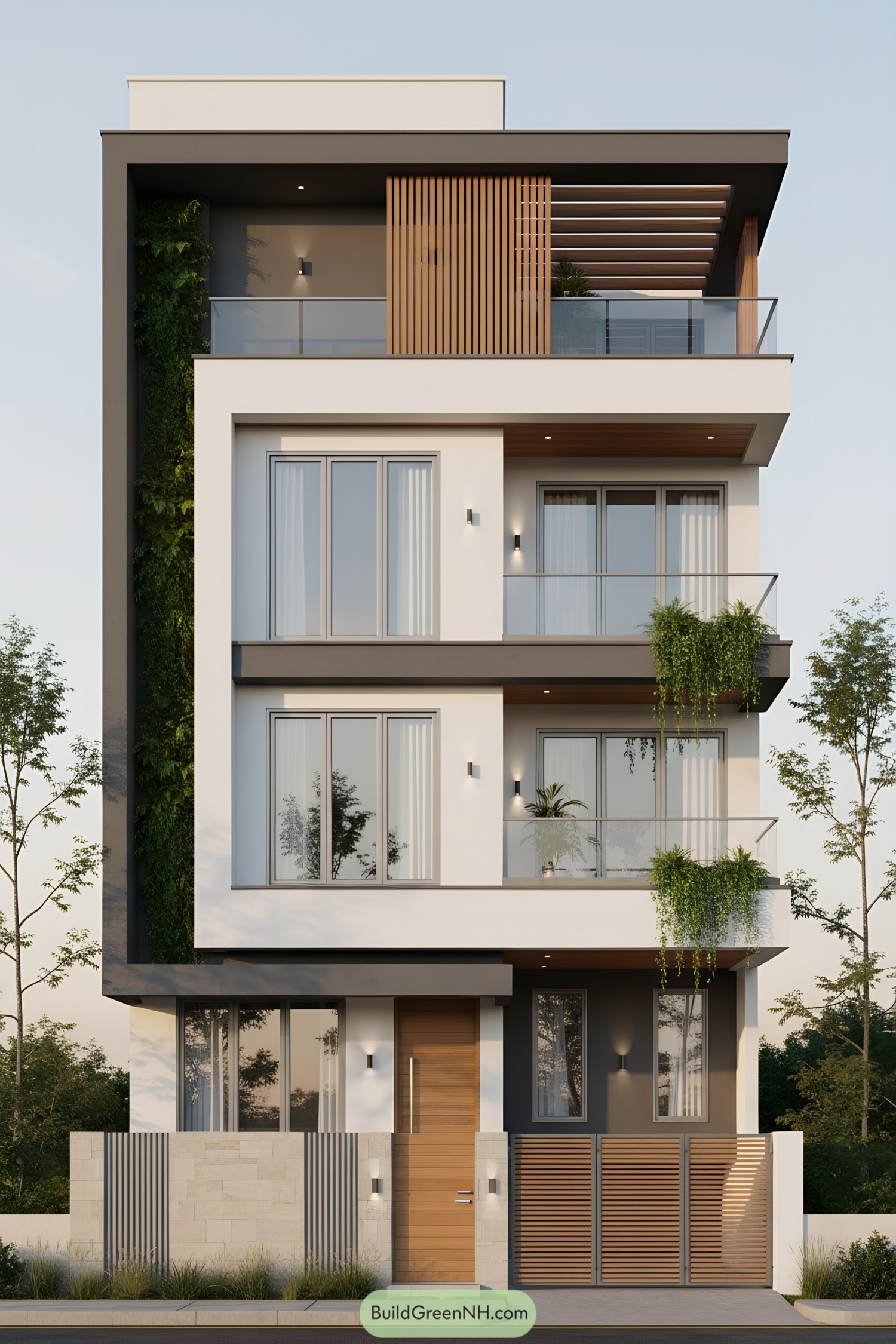 Modern multi-level bungalow with glass balconies wood slats and vertical greenery