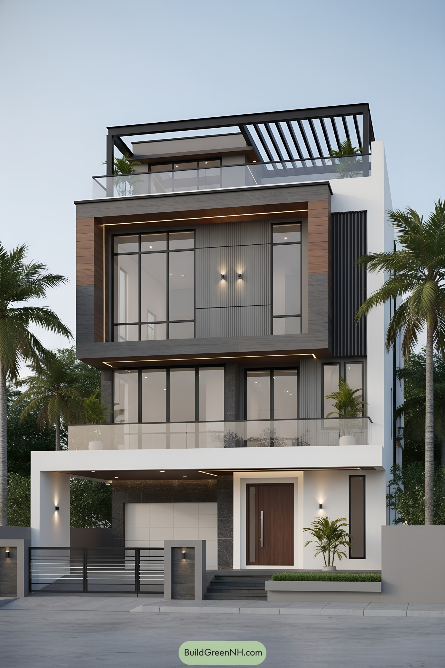 Modern multi-level bungalow with glass balustrades and pergola rooftop