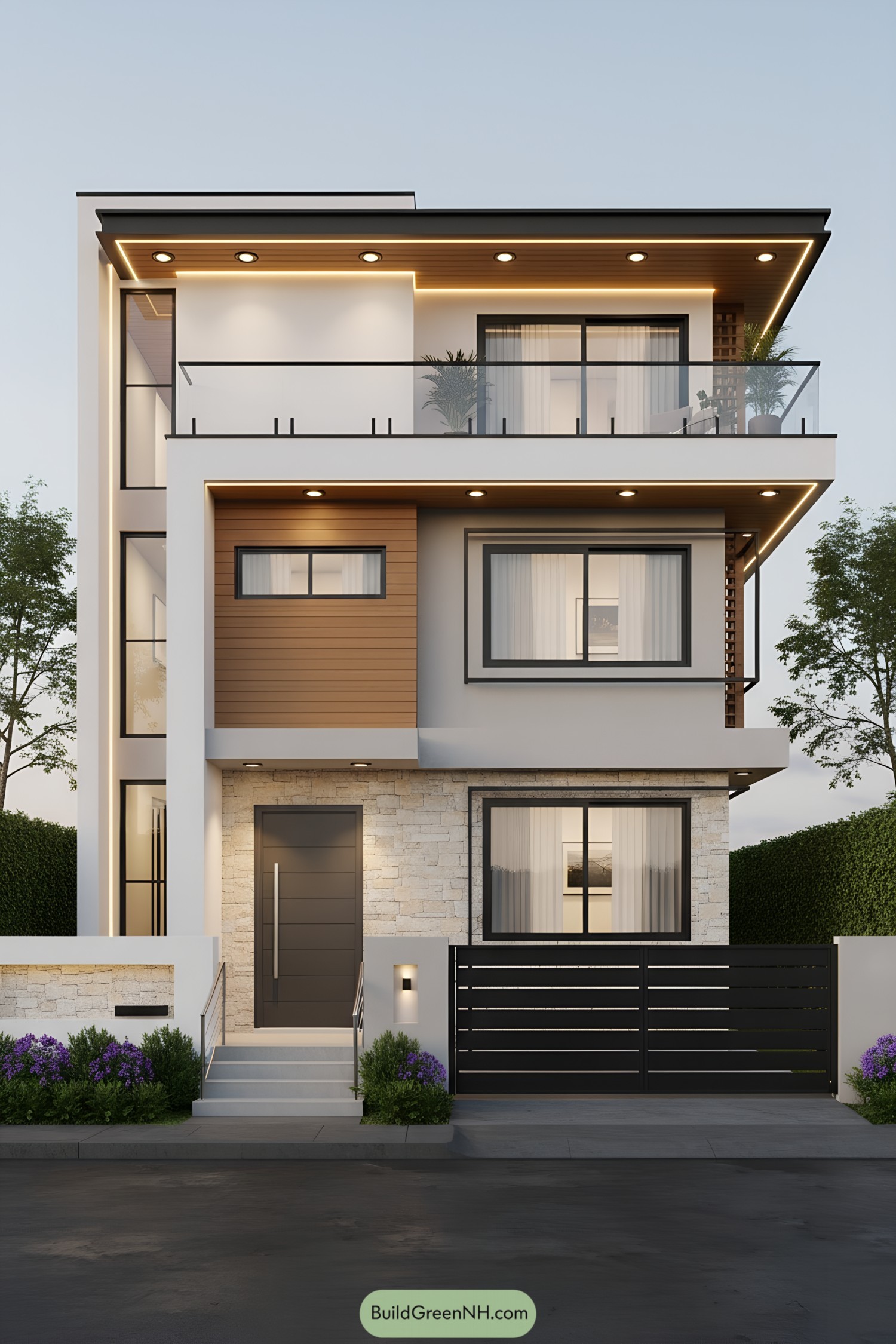 Modern three-story house with warm accents