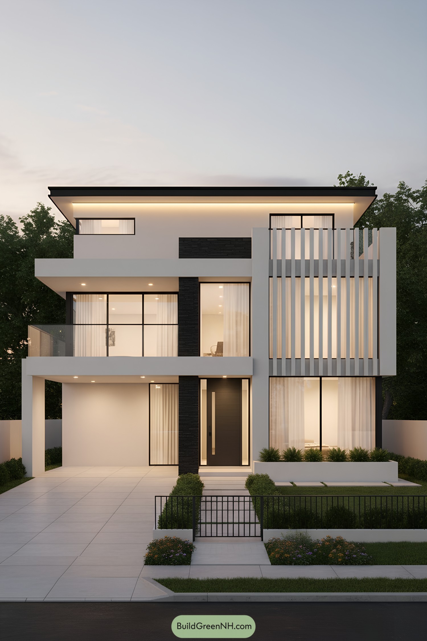 Modern three-story house with vertical slat screen and glass balconies at dusk