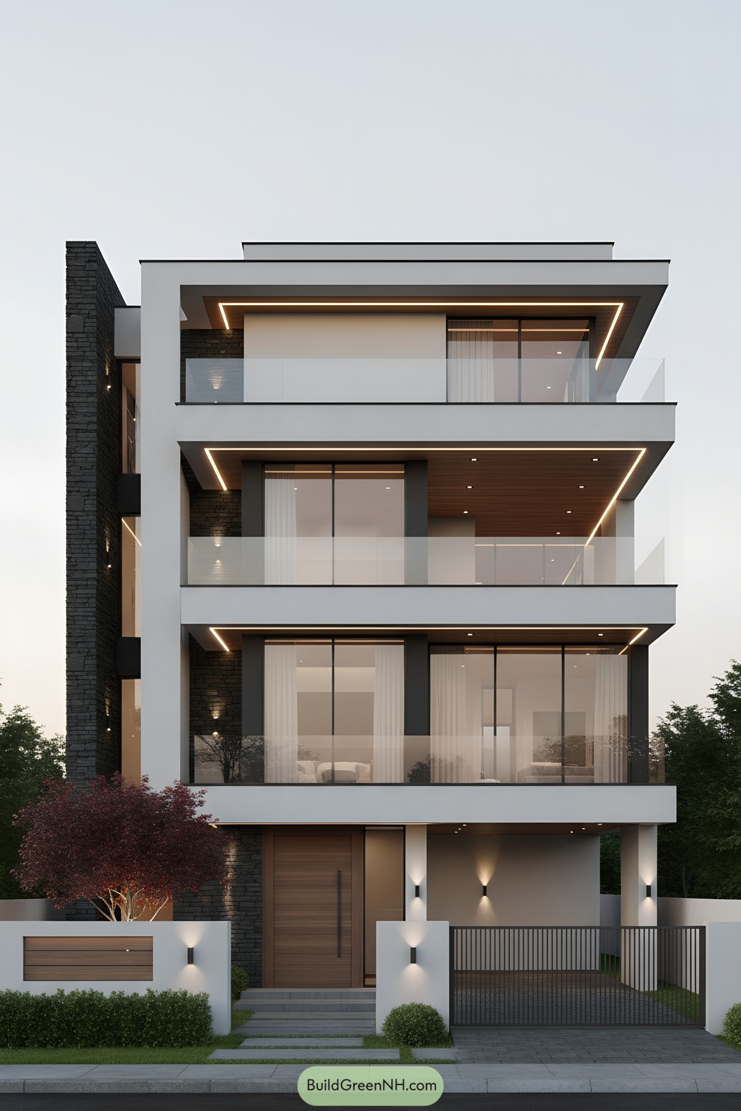 Three-story modern house with glass balconies and warm LED strip lighting accents