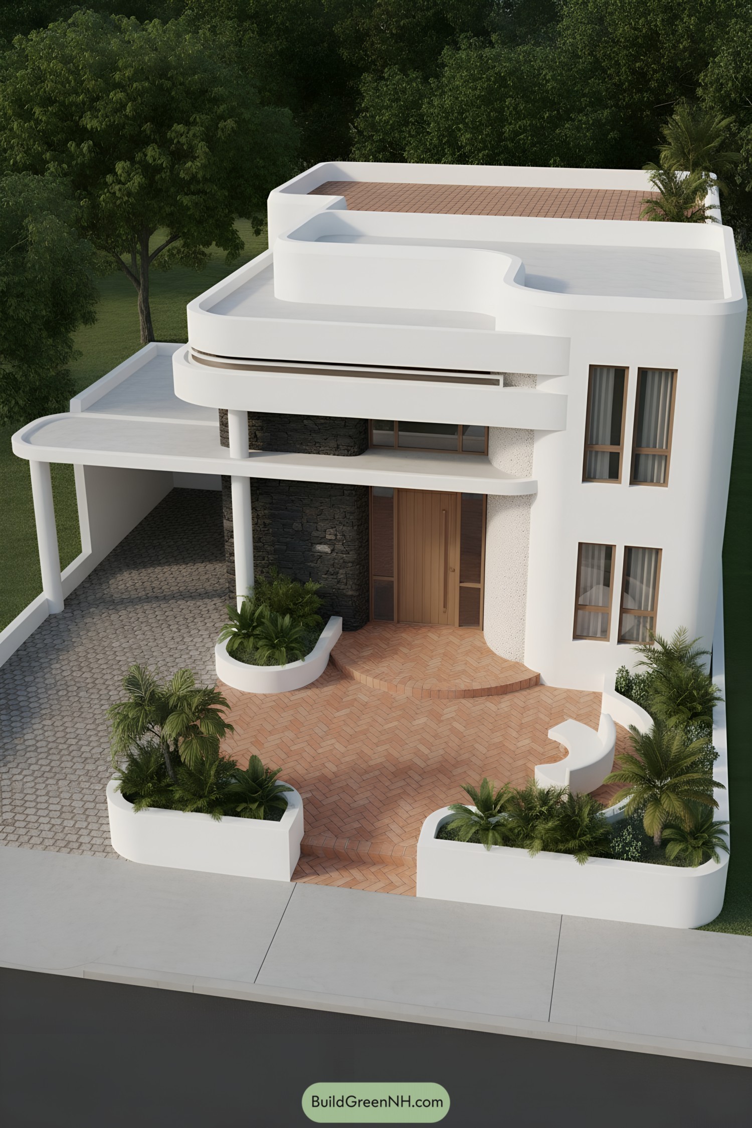 White curved facade with brick plaza and planters