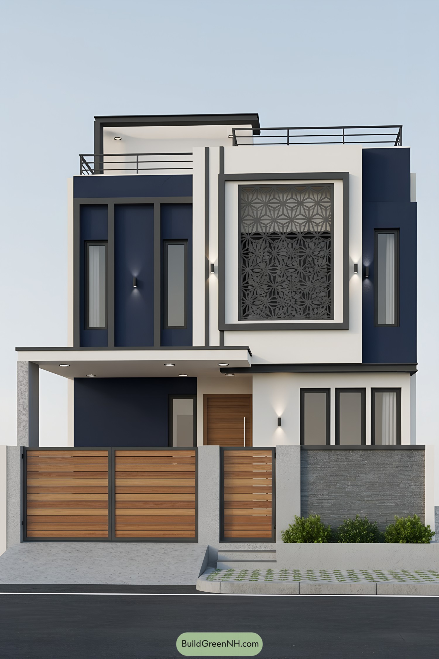 Modern two-story house with navy and white facade, patterned metal screen, and wood gate