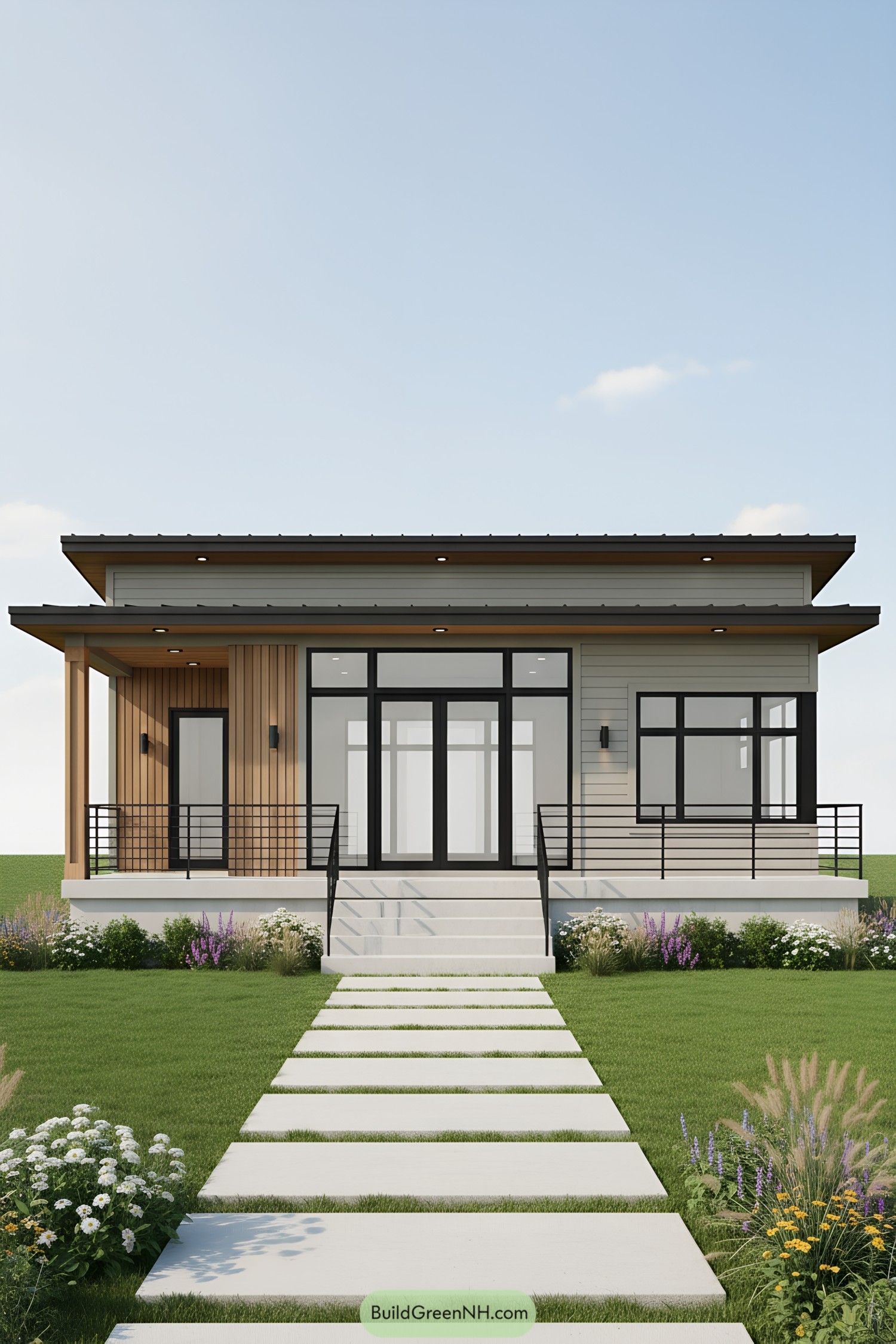 Modern single-story home with low-slung rooflines, black-framed glass, and a landscaped path leading to a stepped entry