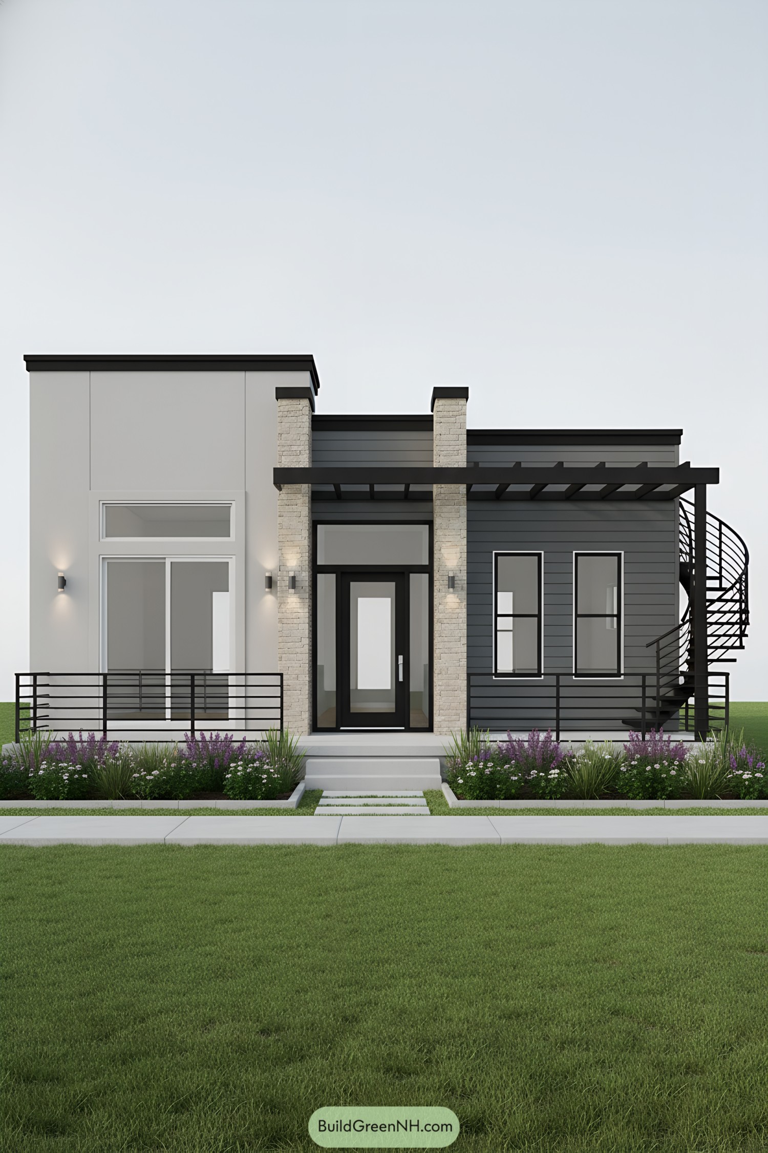 Modern gray and white house with pergola and spiral stair