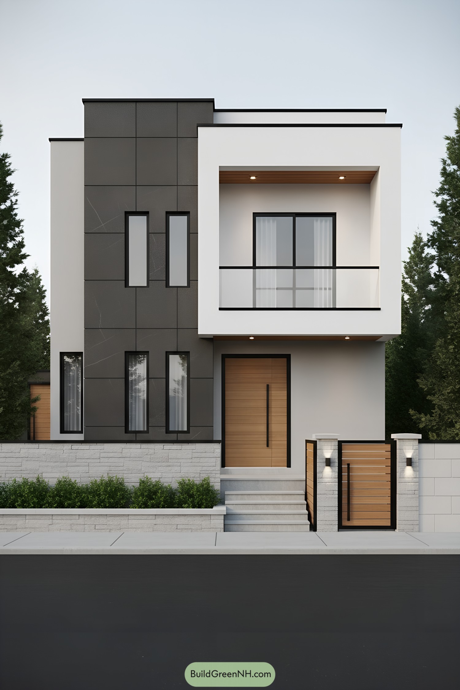 Modern two-story boxy home with dark cladding and wood accents