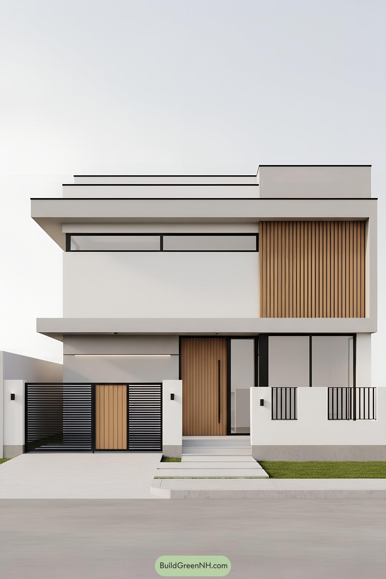 Modern white cube home with cedar slats and black accents